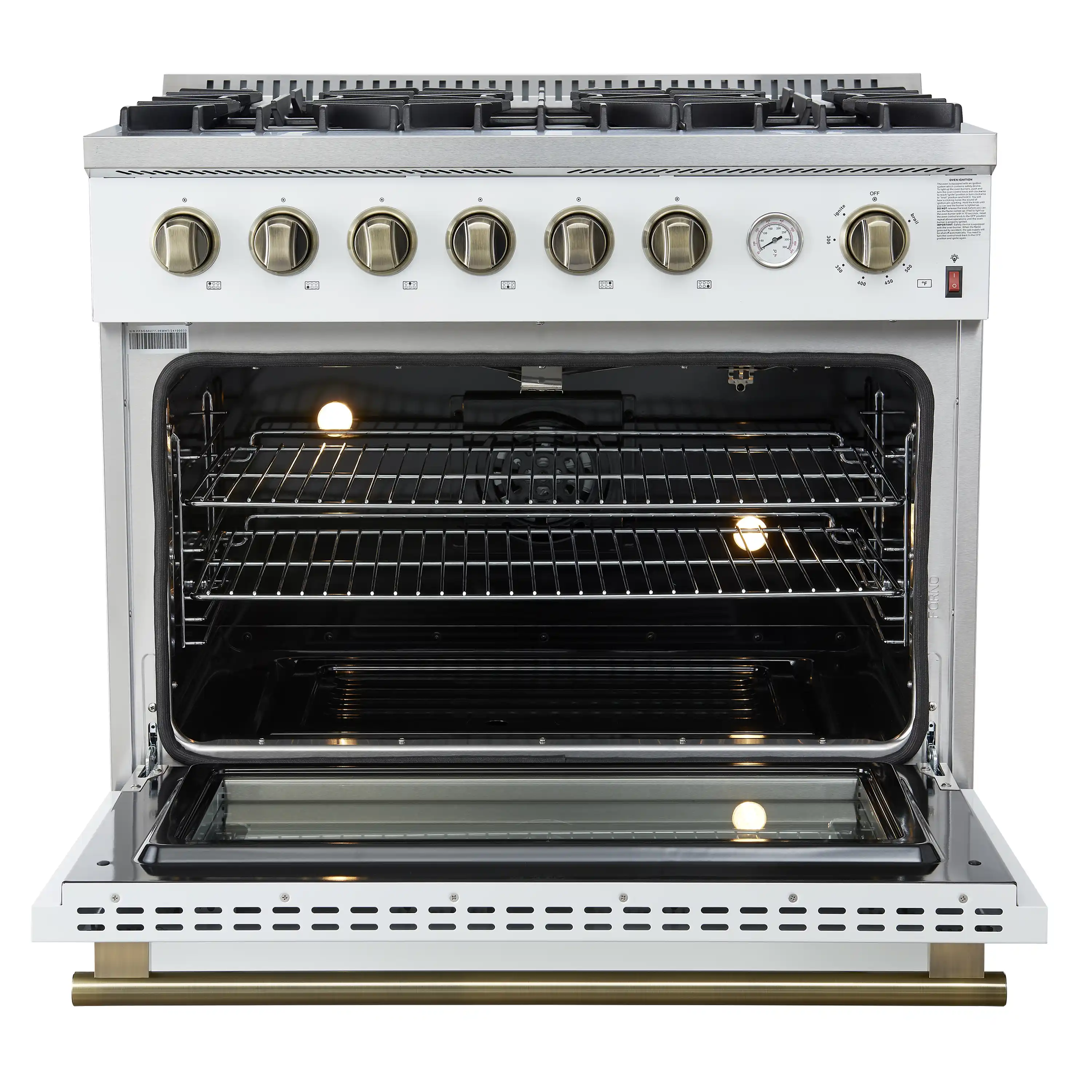 Forno Marco 36-Inch Gas Range with 6 Burners and 5.36 Cu.Ft. Convection Oven in White with Antique Brass Trim (FFSGS6277-36WHT) - Image 6