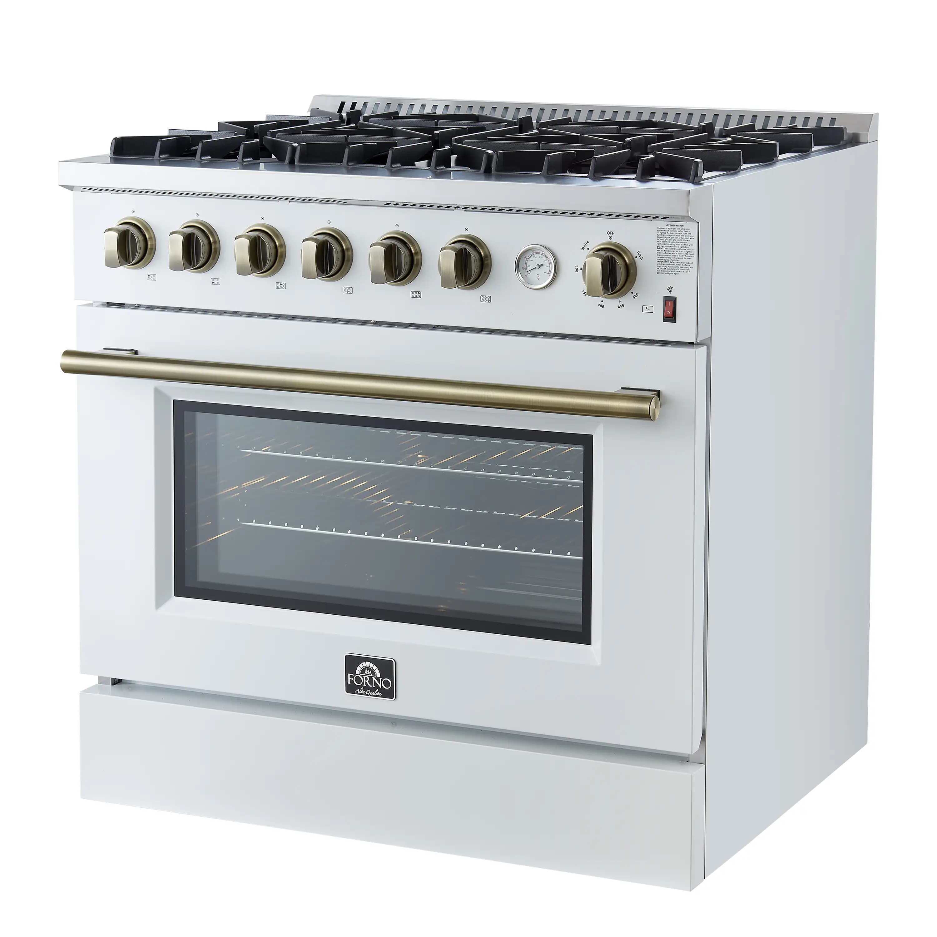 Forno Marco 36-Inch Gas Range with 6 Burners and 5.36 Cu.Ft. Convection Oven in White with Antique Brass Trim (FFSGS6277-36WHT) - Image 9