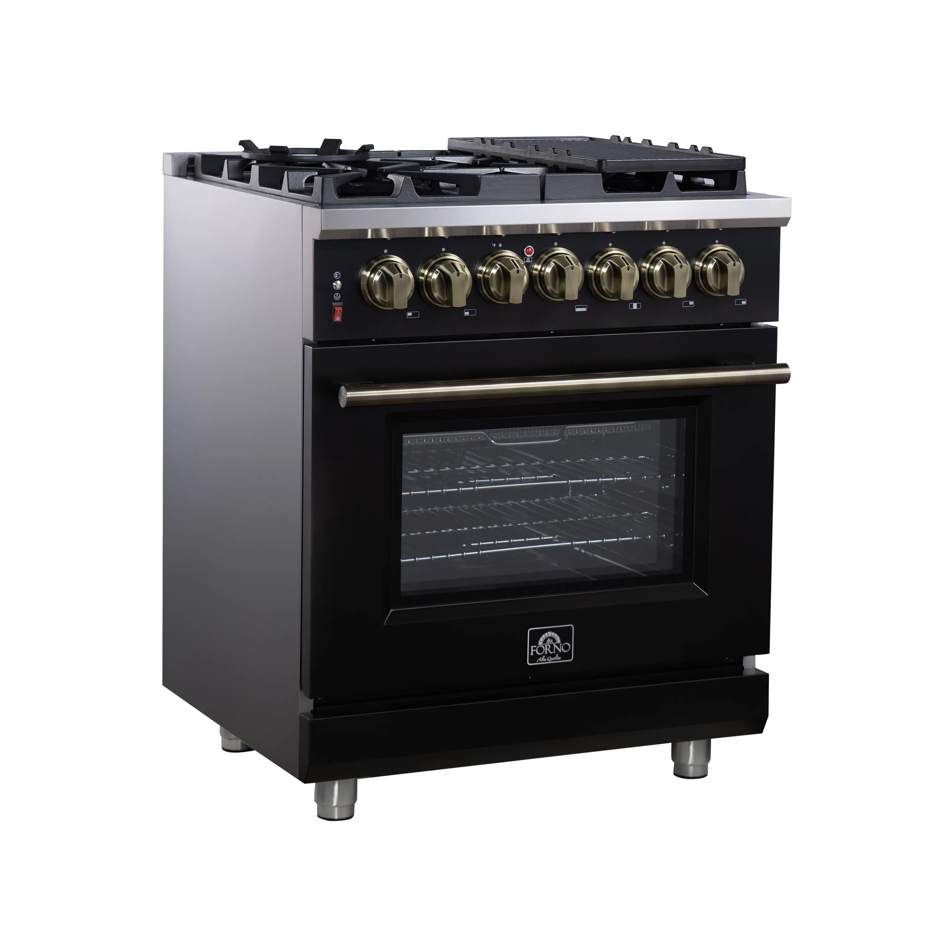 Forno Massimo 30-Inch Freestanding Dual Fuel Range with 4 Burners & 4.32 Cu. Ft. Convection Oven in Black with Antique Brass Handle (FFSGS6125-30BLK) - Image 2