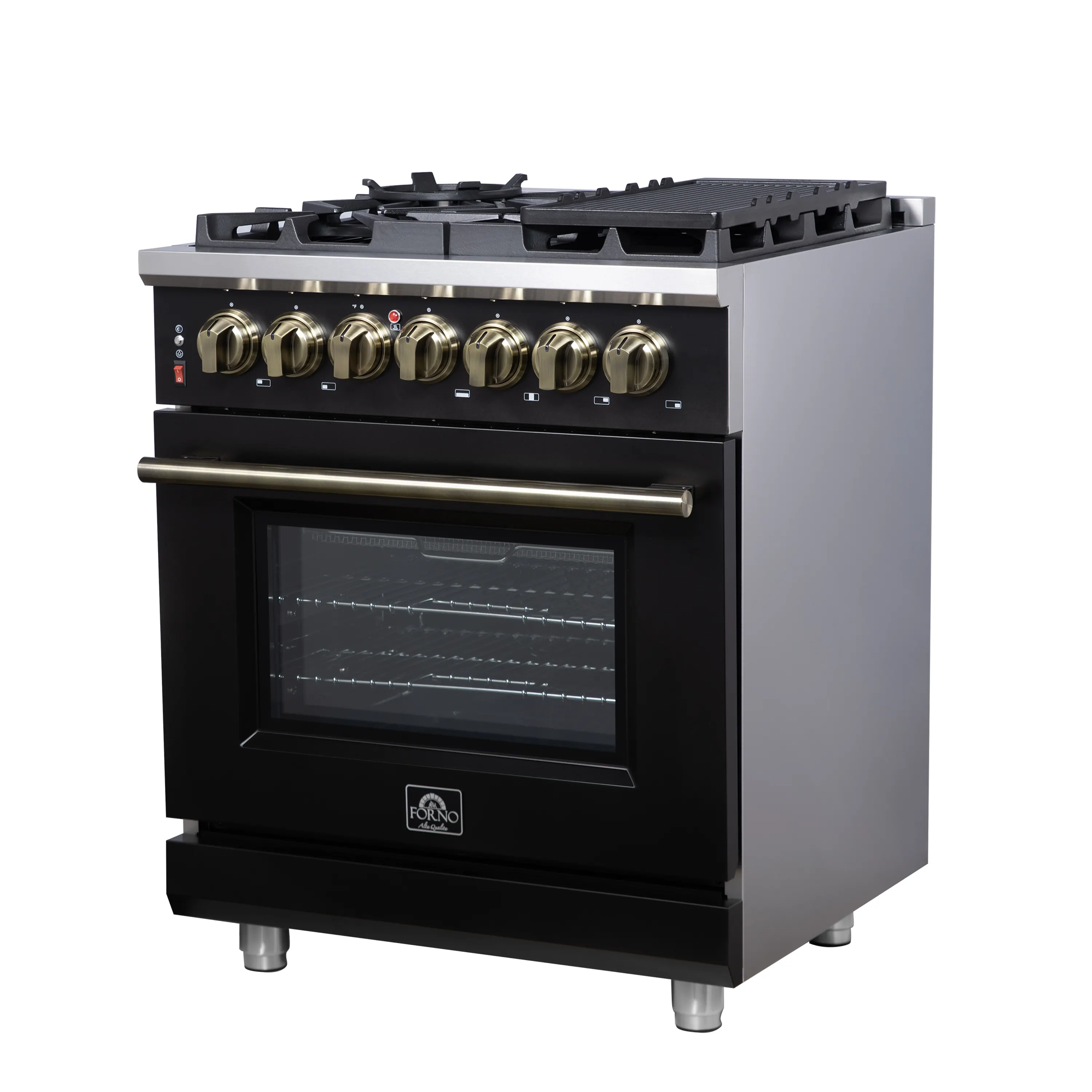 Forno Massimo 30-Inch Freestanding Dual Fuel Range with 4 Burners & 4.32 Cu. Ft. Convection Oven in Black with Antique Brass Handle (FFSGS6125-30BLK) - Image 3