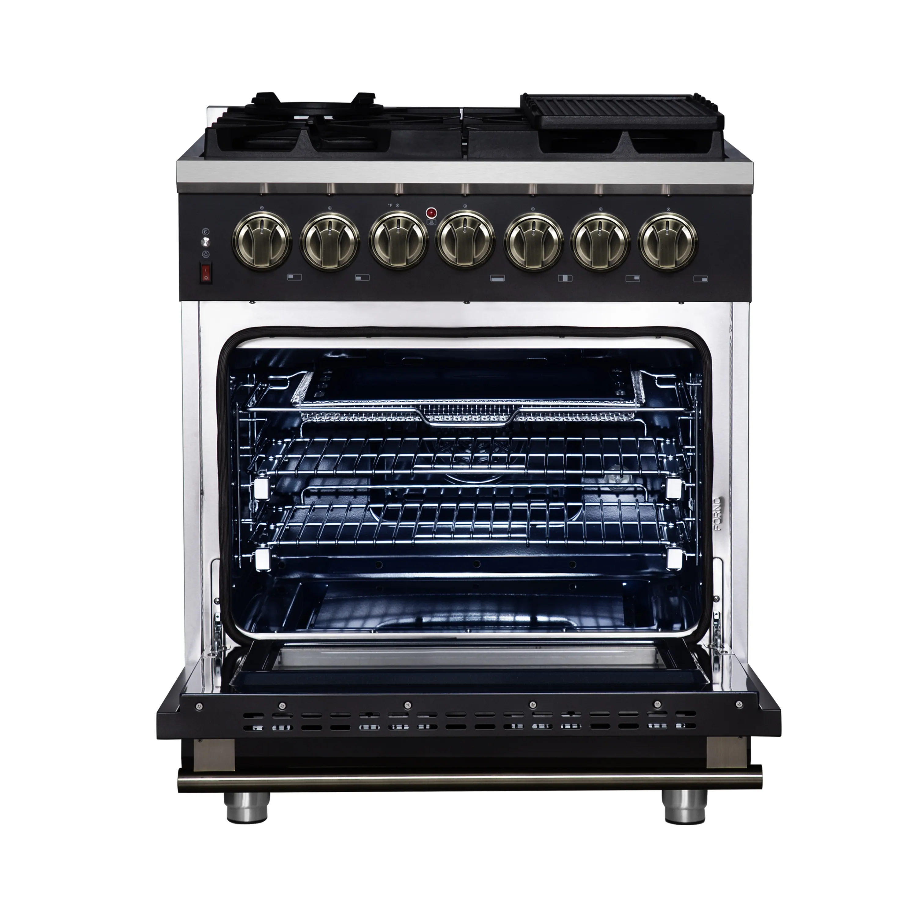 Forno Massimo 30-Inch Freestanding Dual Fuel Range with 4 Burners & 4.32 Cu. Ft. Convection Oven in Black with Antique Brass Handle (FFSGS6125-30BLK) - Image 4
