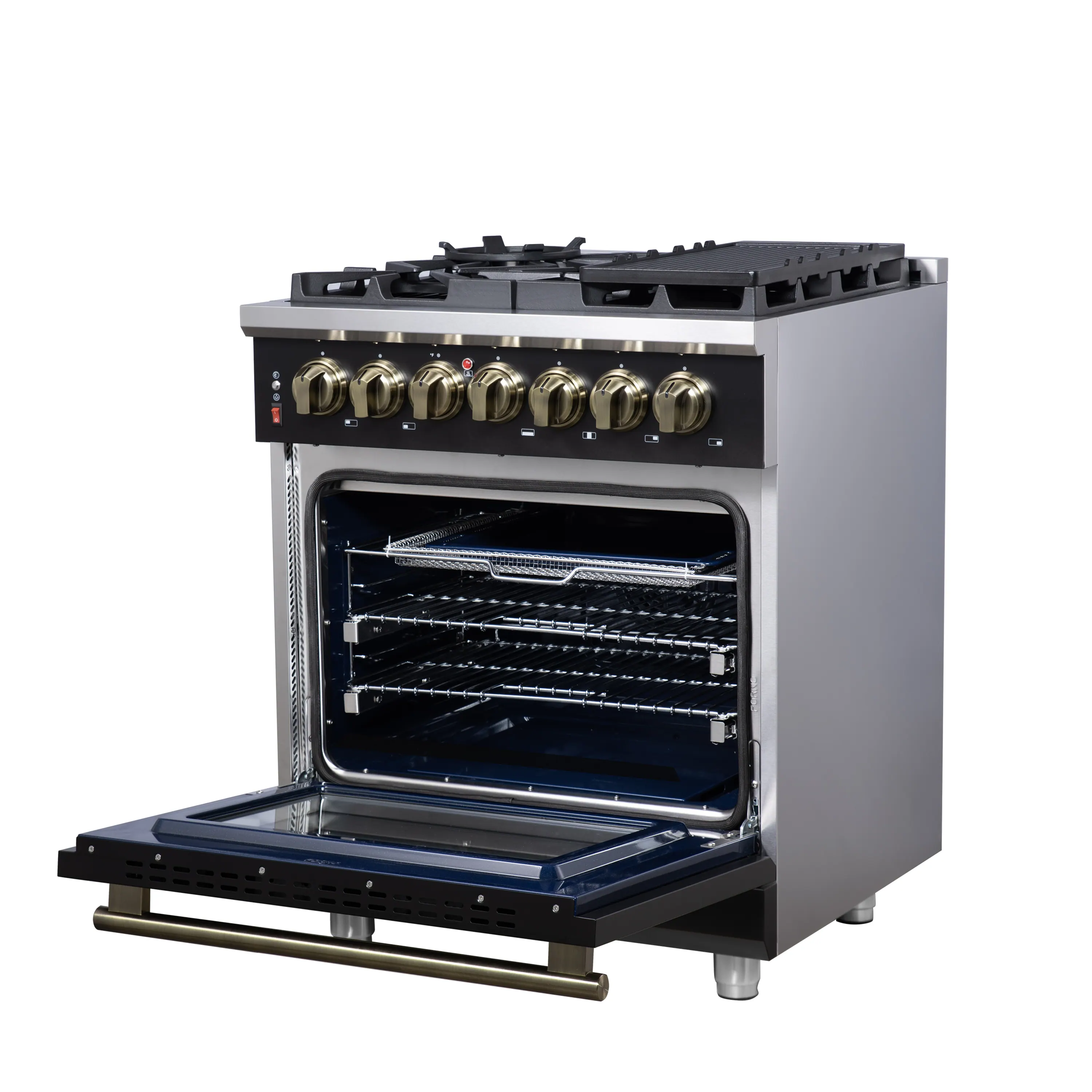 Forno Massimo 30-Inch Freestanding Dual Fuel Range with 4 Burners & 4.32 Cu. Ft. Convection Oven in Black with Antique Brass Handle (FFSGS6125-30BLK) - Image 5