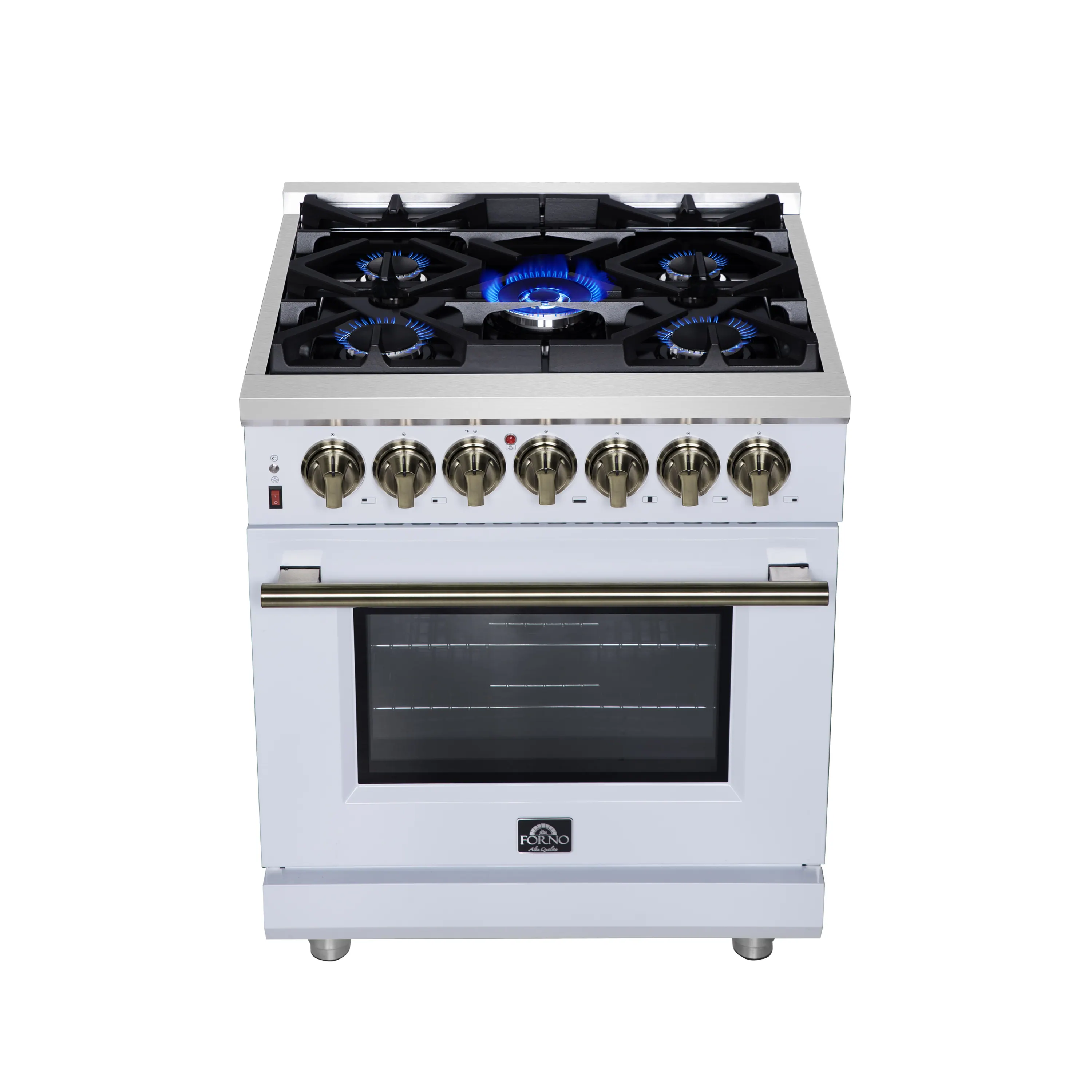 Forno Massimo 30-Inch Freestanding Dual Fuel Range with 5 Burners & 4.32 Cu. Ft. Convection Oven in White with Antique Brass Handle (FFSGS6125-30WHT) - Image 2