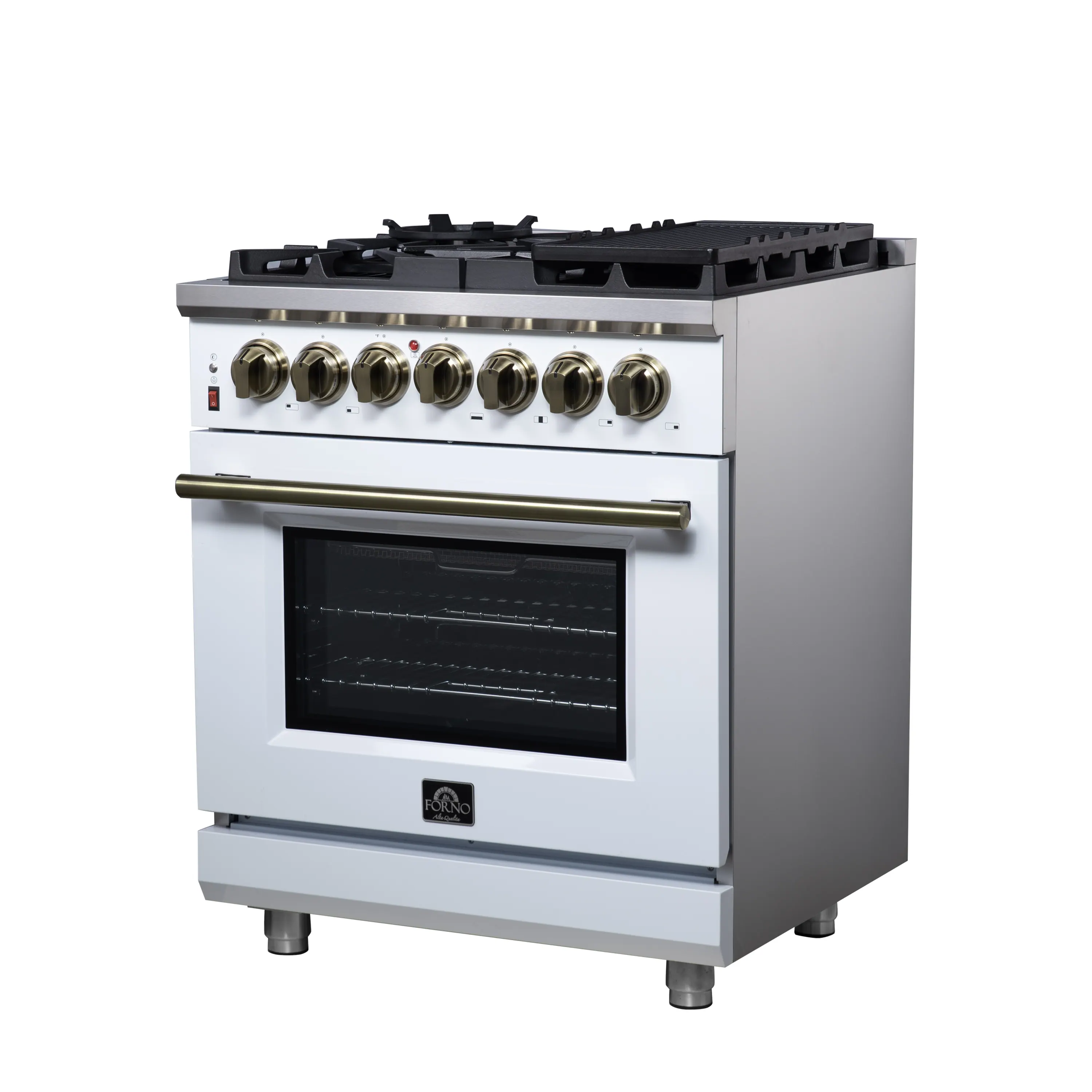 Forno Massimo 30-Inch Freestanding Dual Fuel Range with 5 Burners & 4.32 Cu. Ft. Convection Oven in White with Antique Brass Handle (FFSGS6125-30WHT) - Image 4