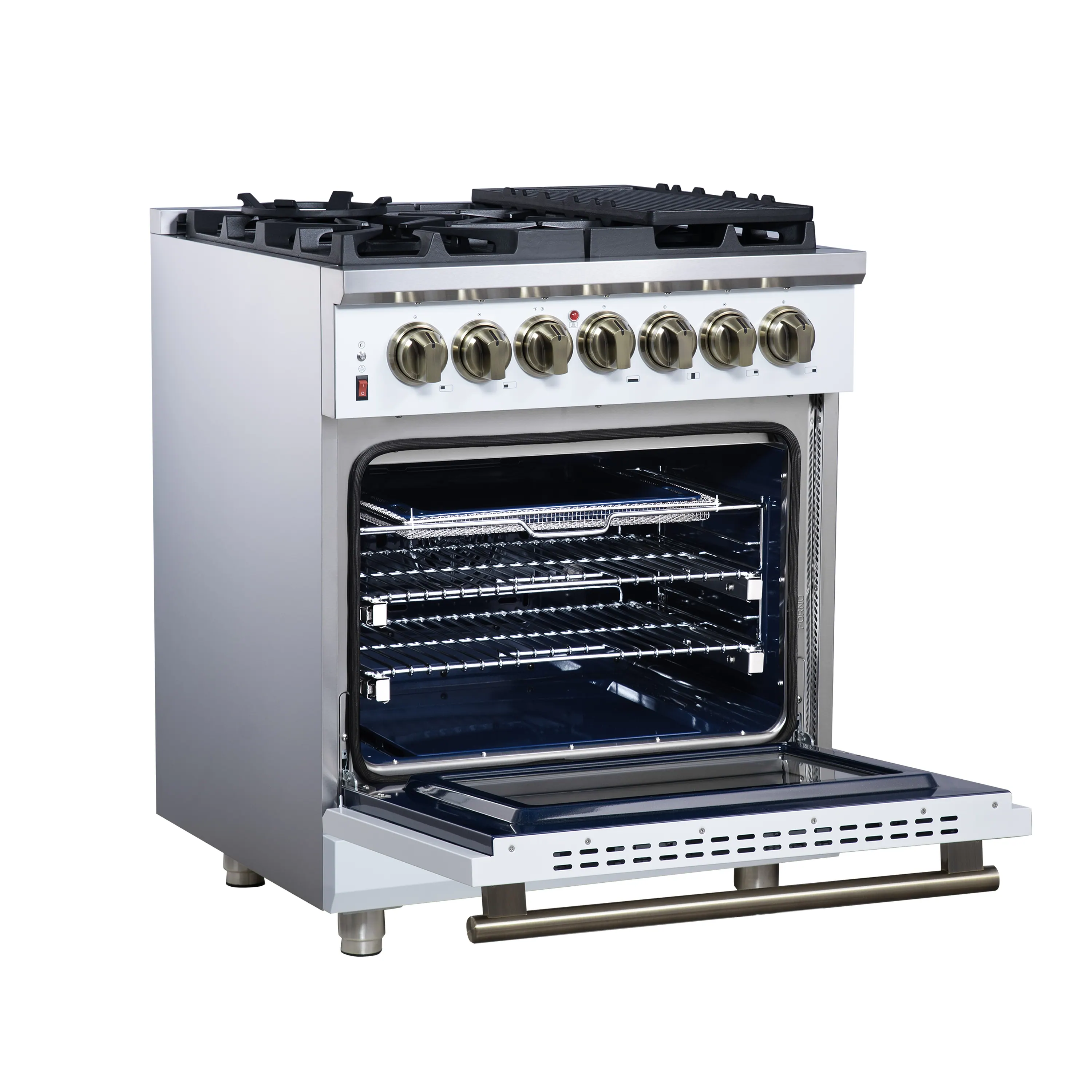 Forno Massimo 30-Inch Freestanding Dual Fuel Range with 5 Burners & 4.32 Cu. Ft. Convection Oven in White with Antique Brass Handle (FFSGS6125-30WHT) - Image 6