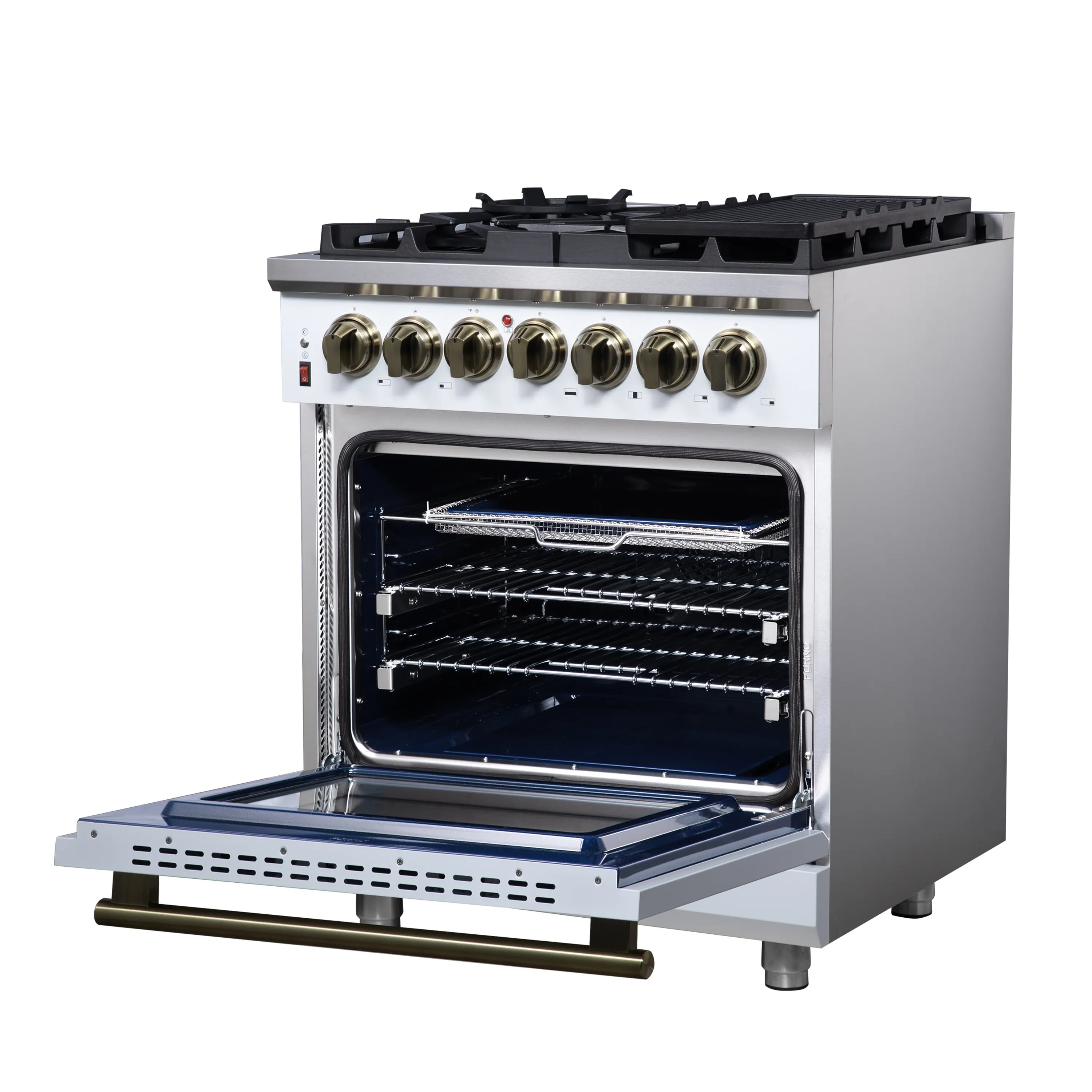Forno Massimo 30-Inch Freestanding Dual Fuel Range with 5 Burners & 4.32 Cu. Ft. Convection Oven in White with Antique Brass Handle (FFSGS6125-30WHT) - Image 8
