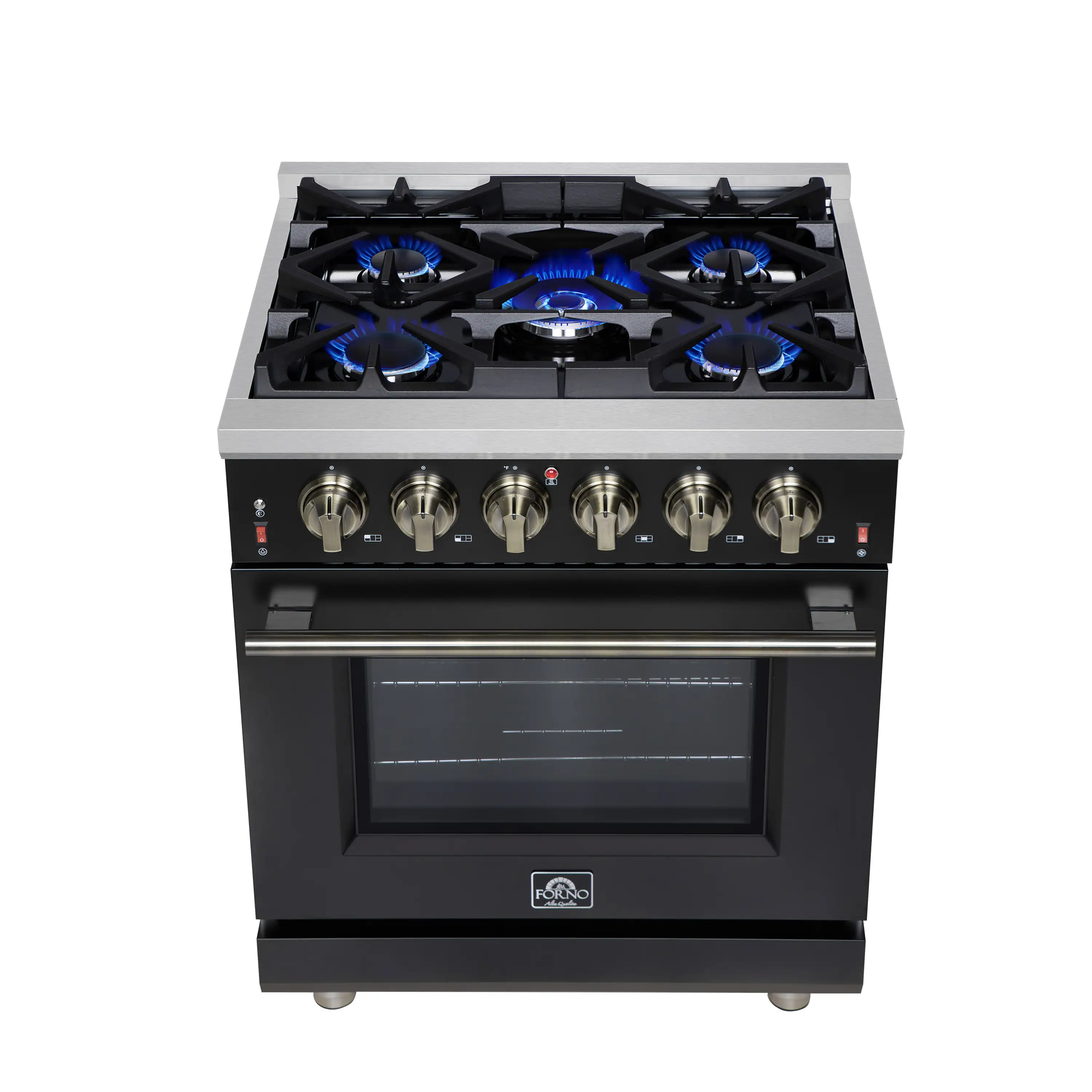 Forno Massimo 30-Inch Freestanding Gas Range with 4 Burners and 4.32 Cu. Ft. Convection Oven in Black with Antique Brass Handle (FFSGS6239-30BLK) - Image 2