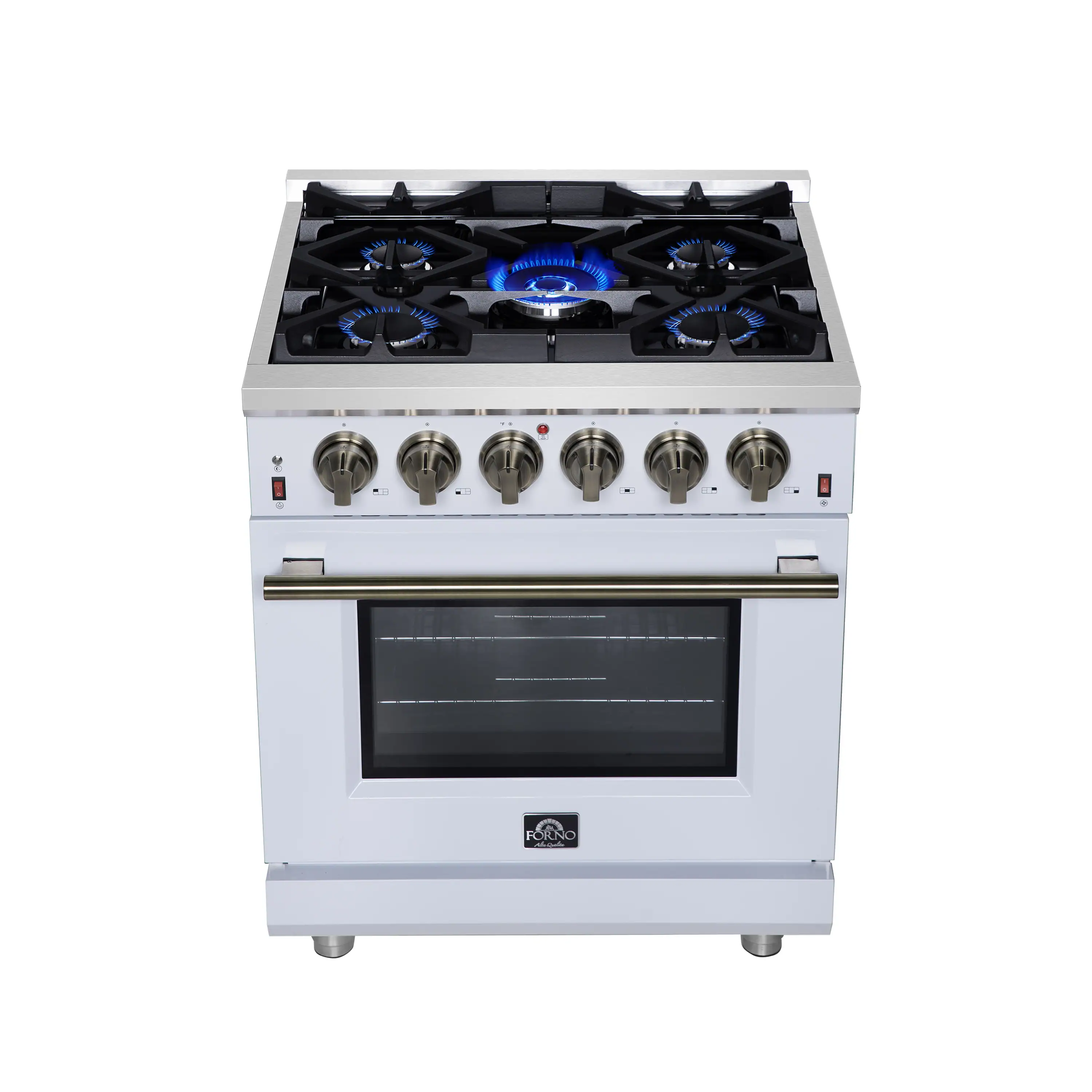 Forno Massimo 30-Inch Freestanding Gas Range with 4 Burners and 4.32 Cu. Ft. Convection Oven in White with Antique Brass Handle (FFSGS6239-30WHT) - Image 2