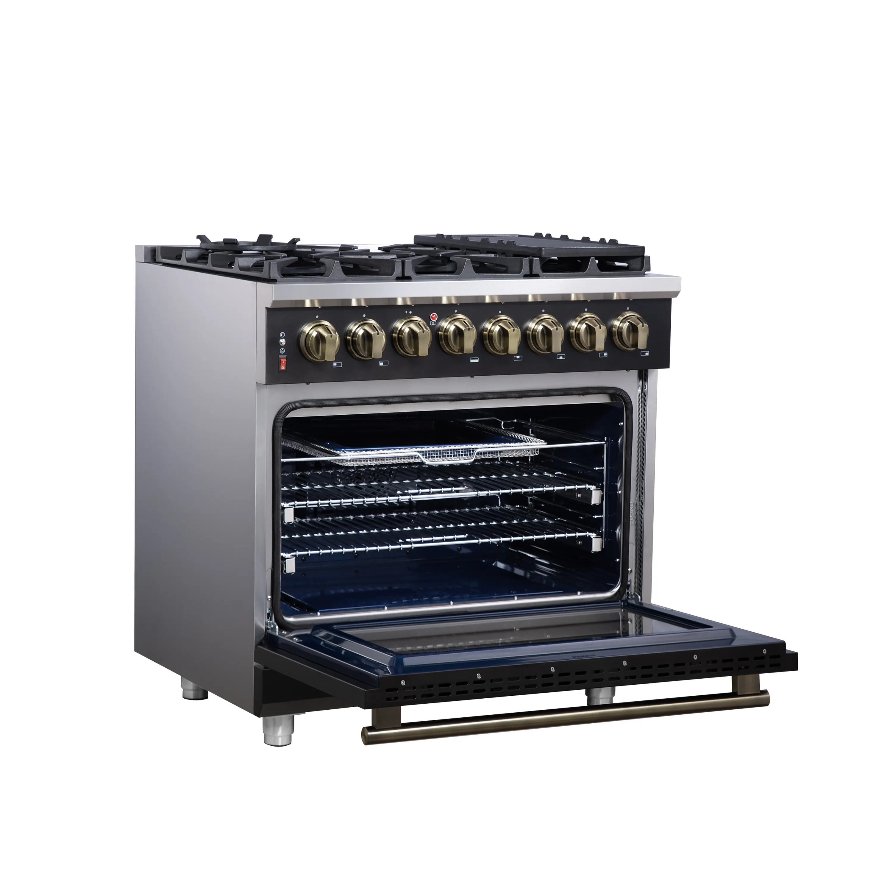 Forno Massimo 36-Inch Freestanding Dual Fuel Range with 6 Burners & 5.36 Cu. Ft. Convection Oven in Black with Antique Brass Handle (FFSGS6125-36BLK) - Image 5