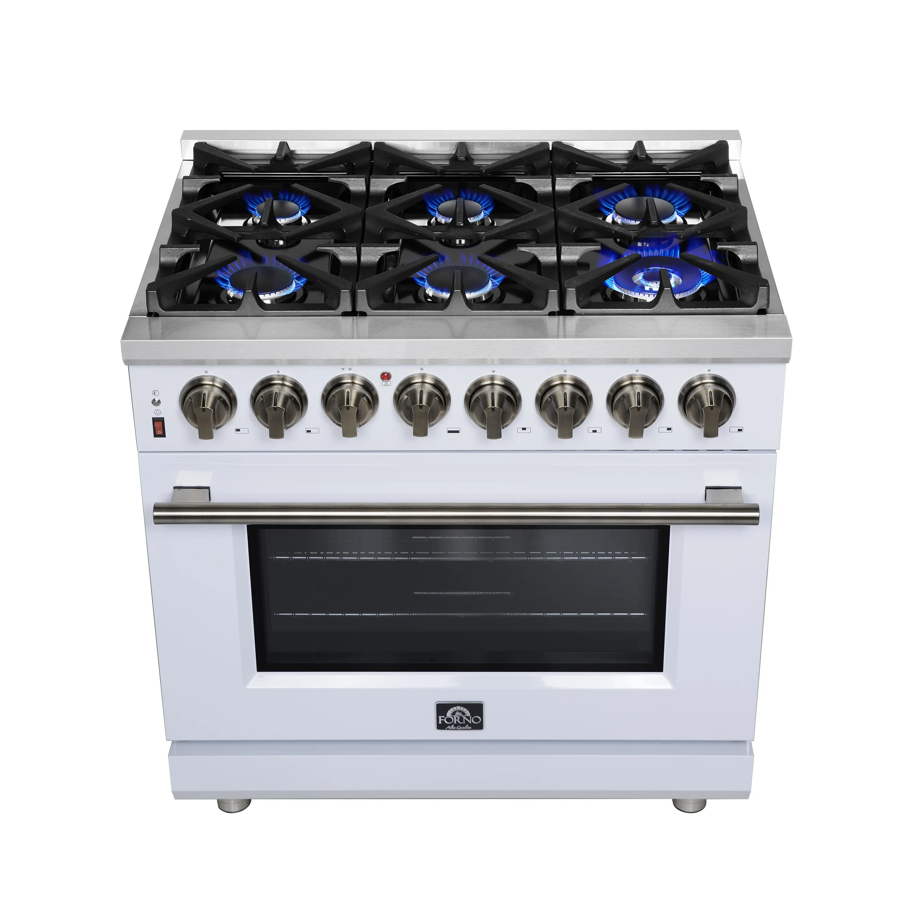Forno Massimo 36-Inch Freestanding Dual Fuel Range with 6 Burners & 5.36 Cu. Ft. Convection Oven in White with Antique Brass Handle (FFSGS6125-36WHT) - Image 2