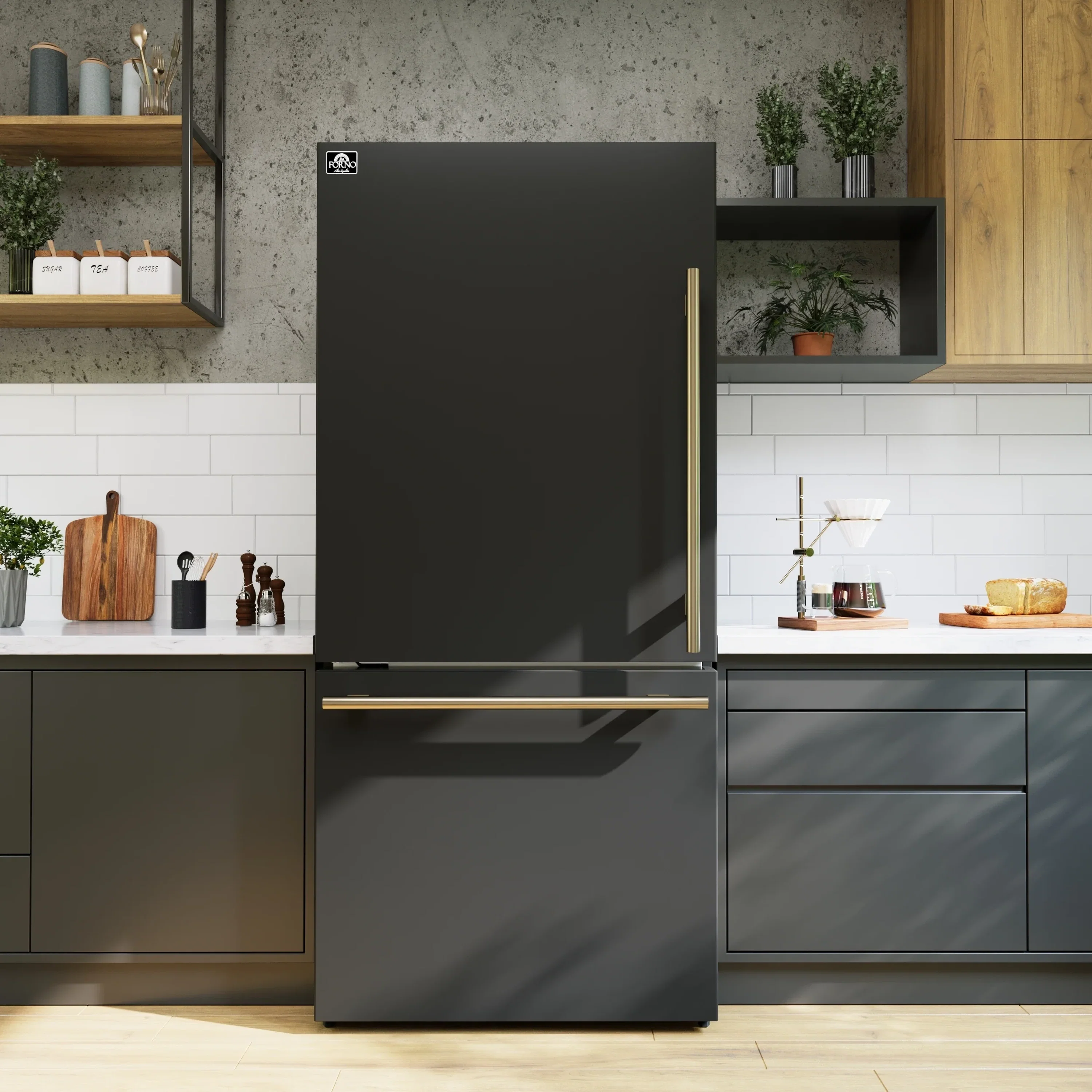 Forno Milano Espresso Package - 62-Inch, 34.4 cu. ft. Refrigerators with Bottom Freezers in Black with Antique Brass Handle (FFFFD1787-60BLK) - Image 3