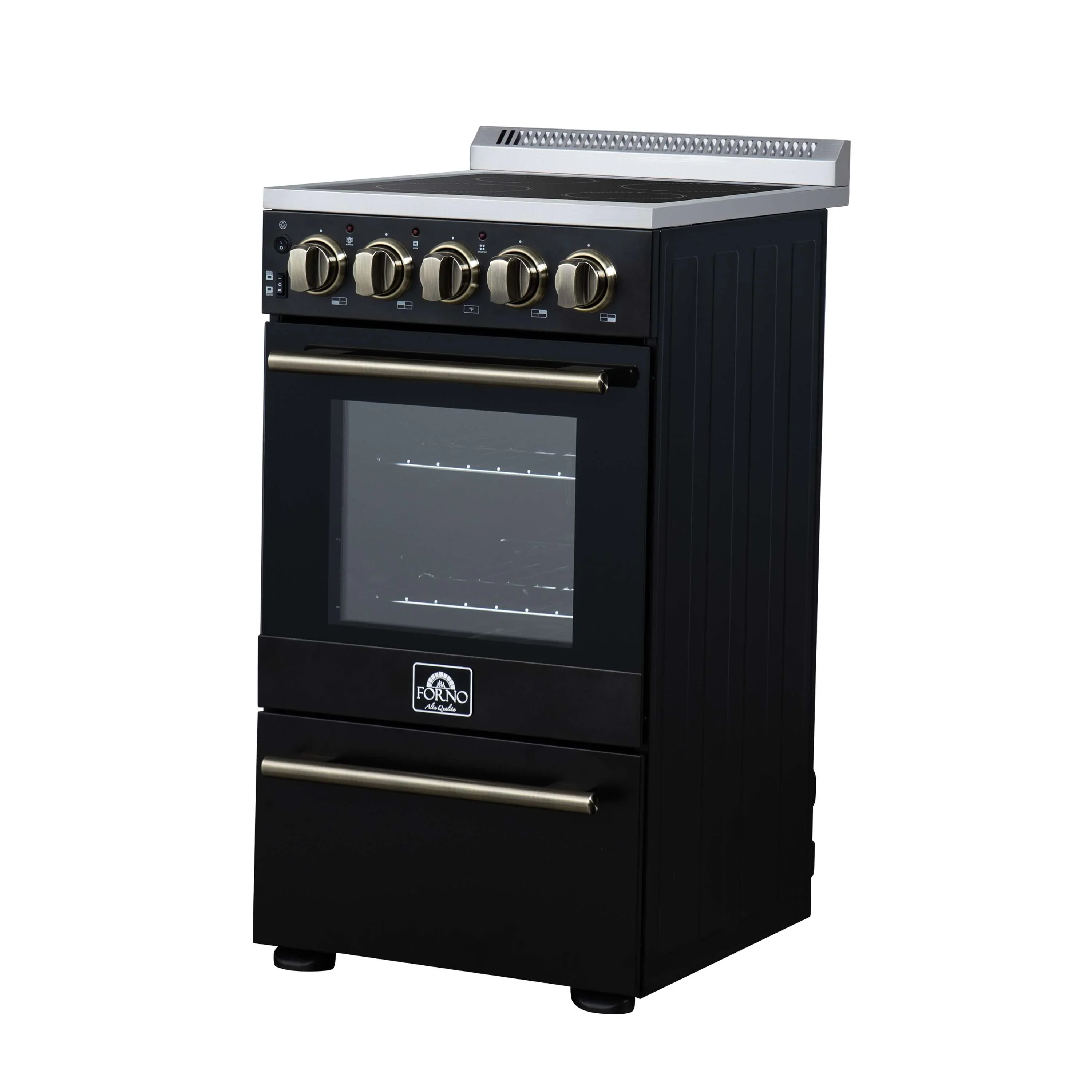 Forno Pallerano 20-Inch Freestanding Electric Range in Black with Antique Brass Trim (FFSEL6052-20BLK) - Image 3