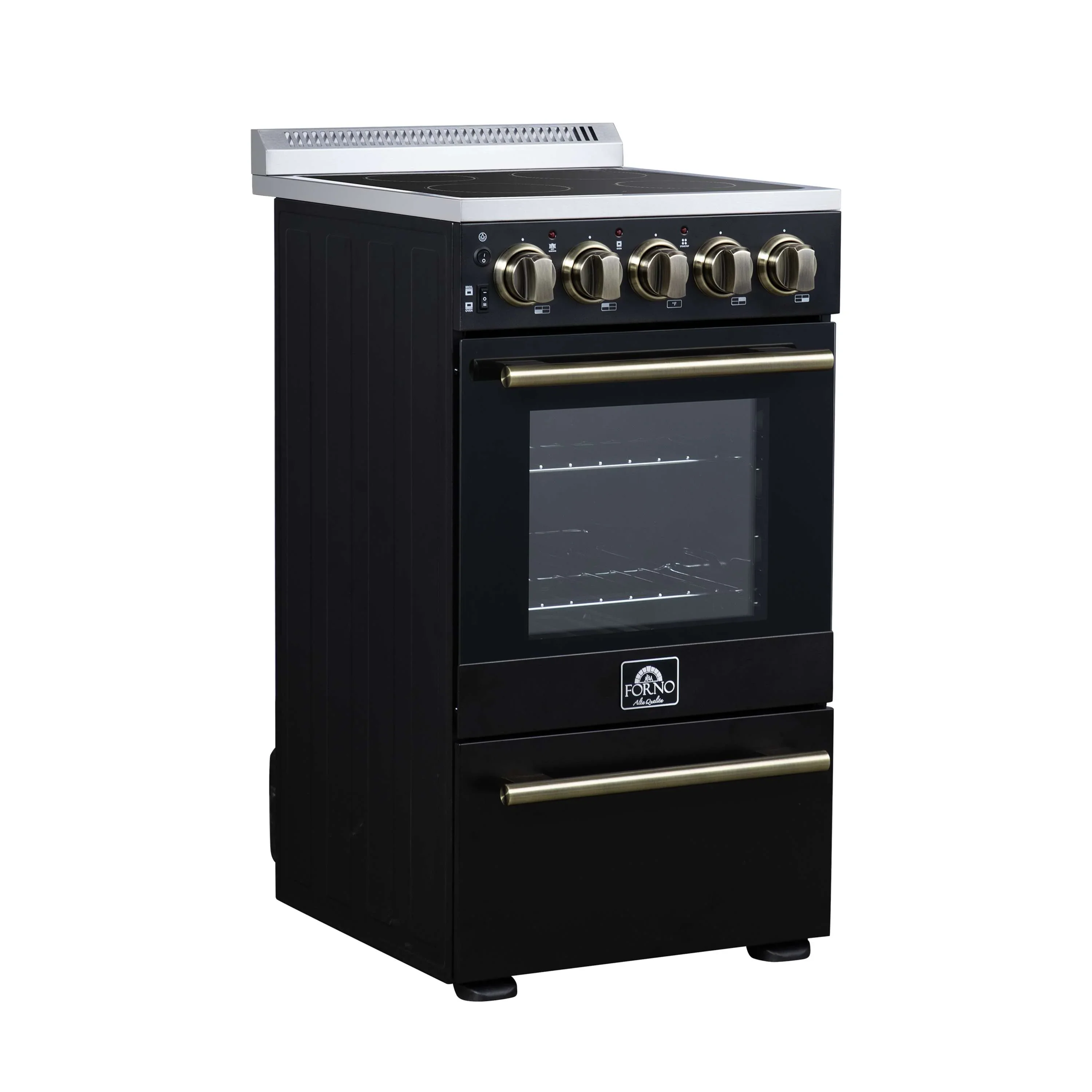 Forno Pallerano 20-Inch Freestanding Electric Range in Black with Antique Brass Trim (FFSEL6052-20BLK) - Image 4