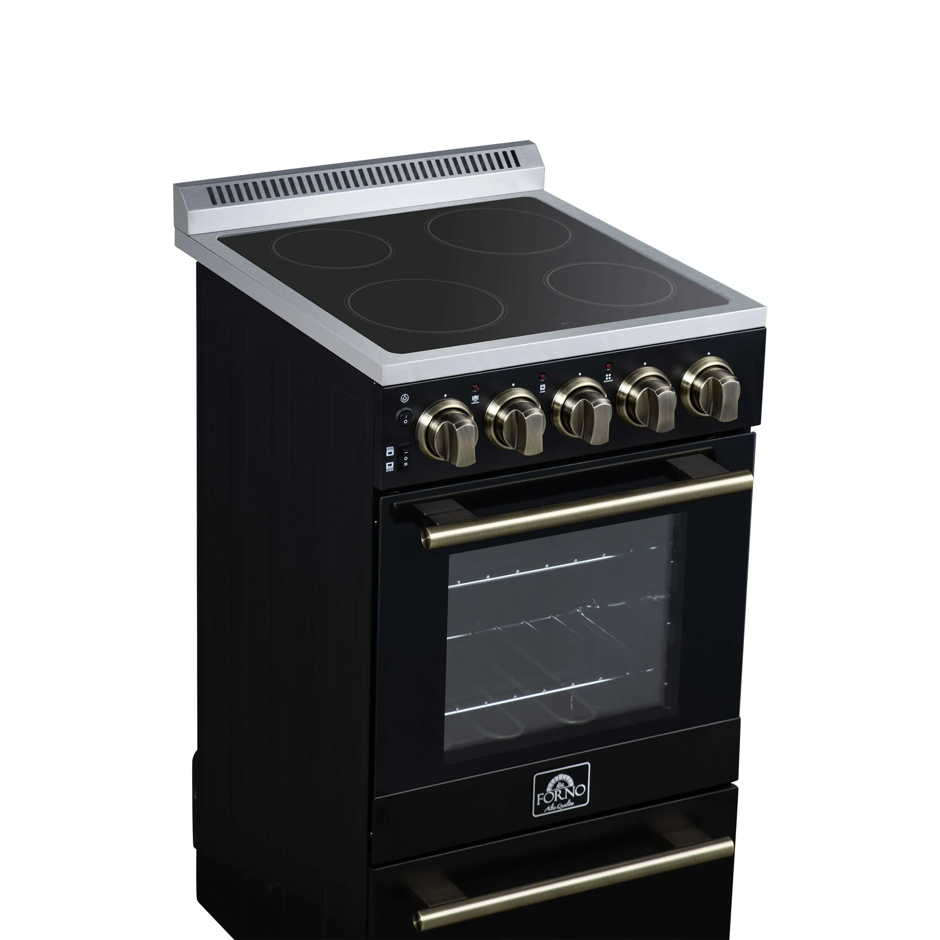 Forno Pallerano 20-Inch Freestanding Electric Range in Black with Antique Brass Trim (FFSEL6052-20BLK) - Image 5