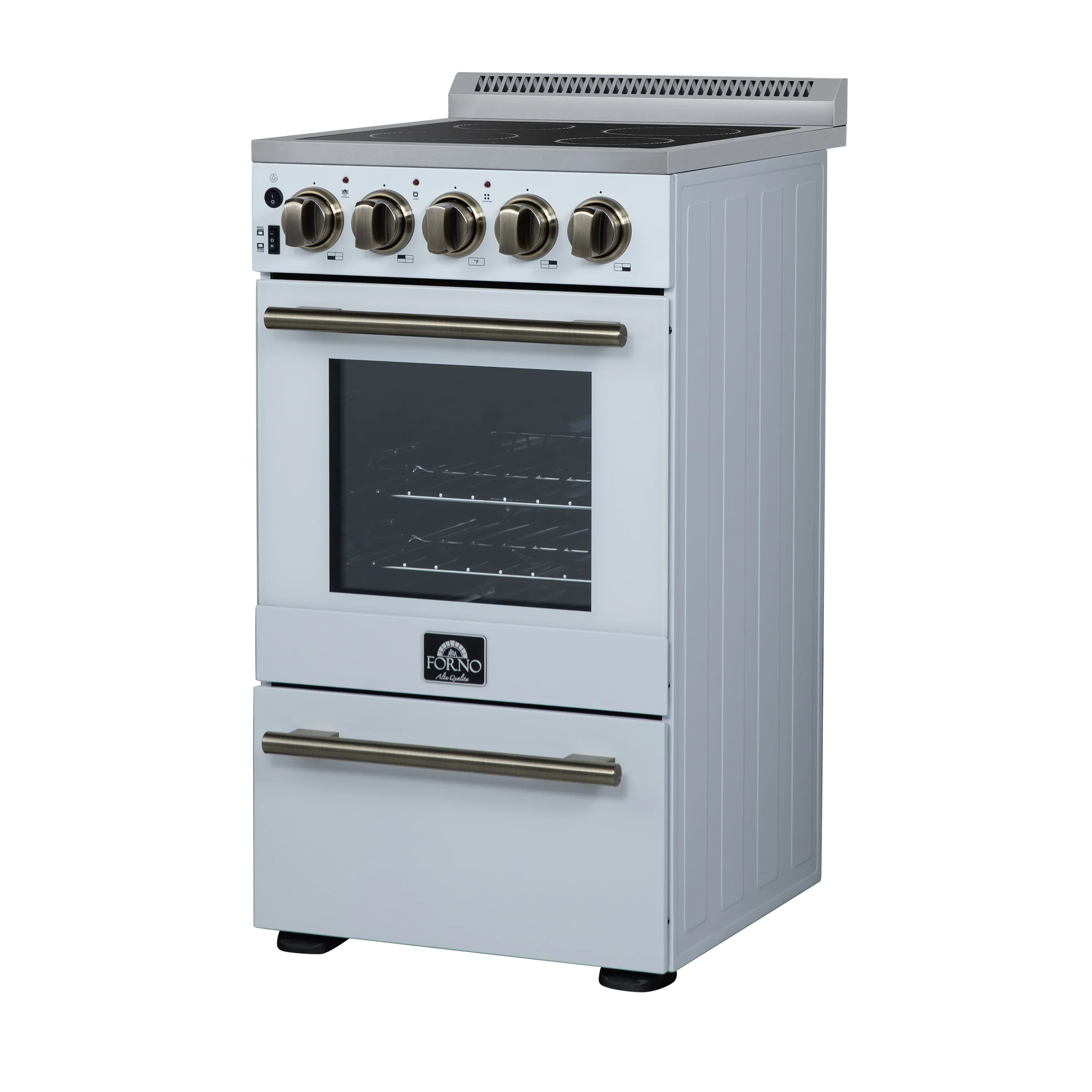 Forno Pallerano 20-Inch Freestanding Electric Range in White with Antique Brass Trim (FFSEL6052-20WHT) - Image 4