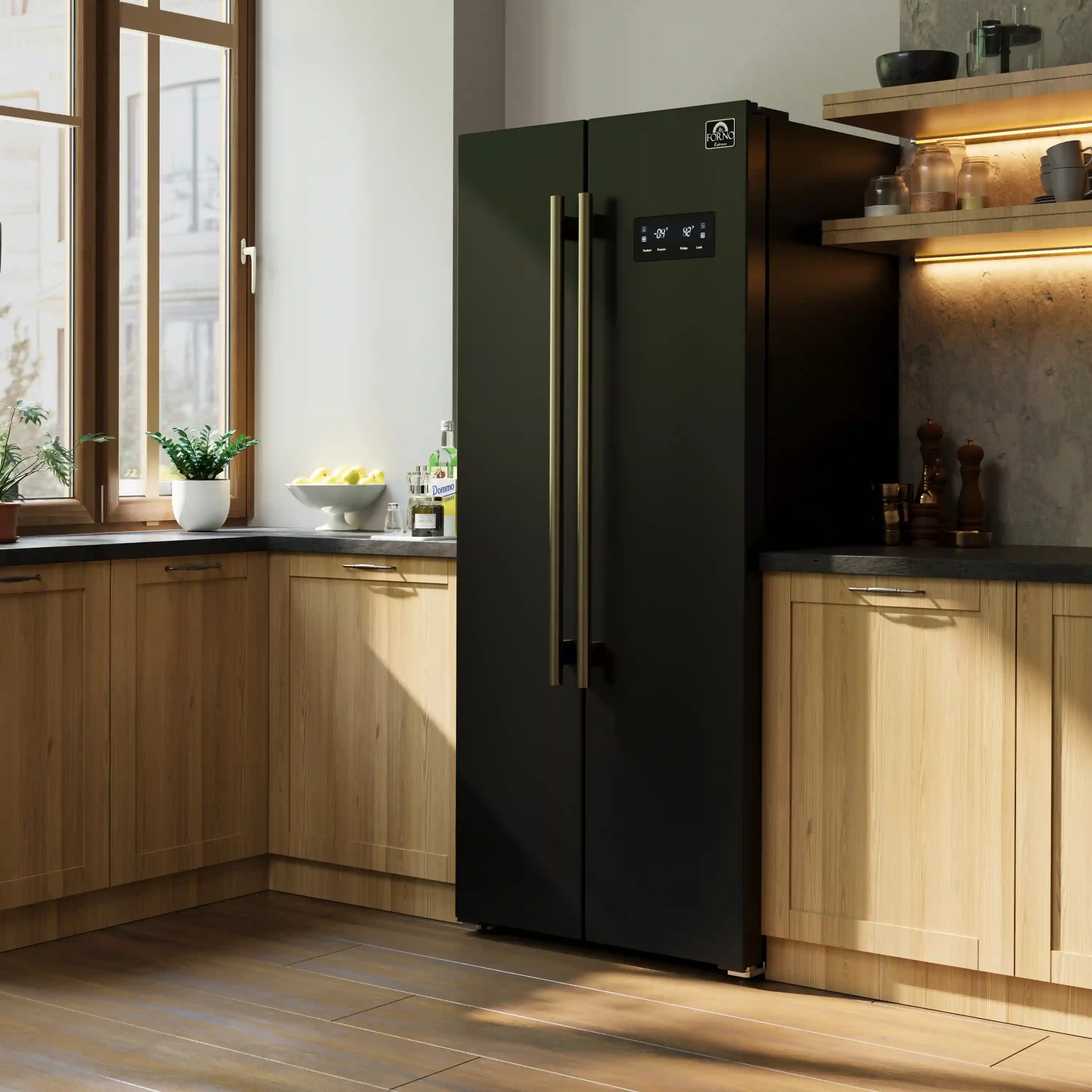 Forno Salerno Espresso 33-inch Side-by-Side 15.6 Cu.Ft. Refrigerator in Black with Antique Brass Trim (FFRBI1805-33BLK) - Image 2