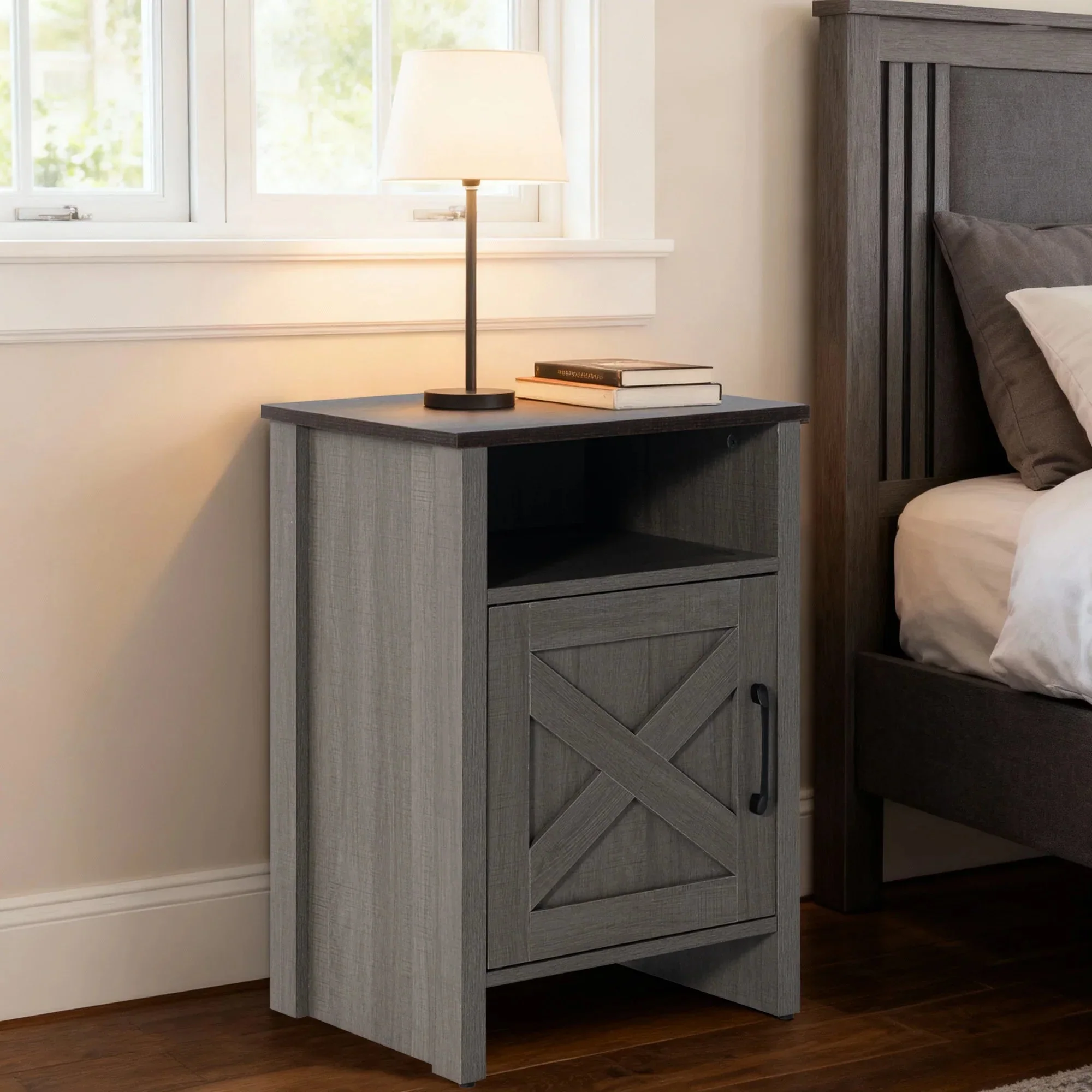 Parrot Uncle Furniture of America Farmhouse Grey 16-Inch Side Table with Barn Door and Open Shelf (SL-AC4002-PU) - Image 7
