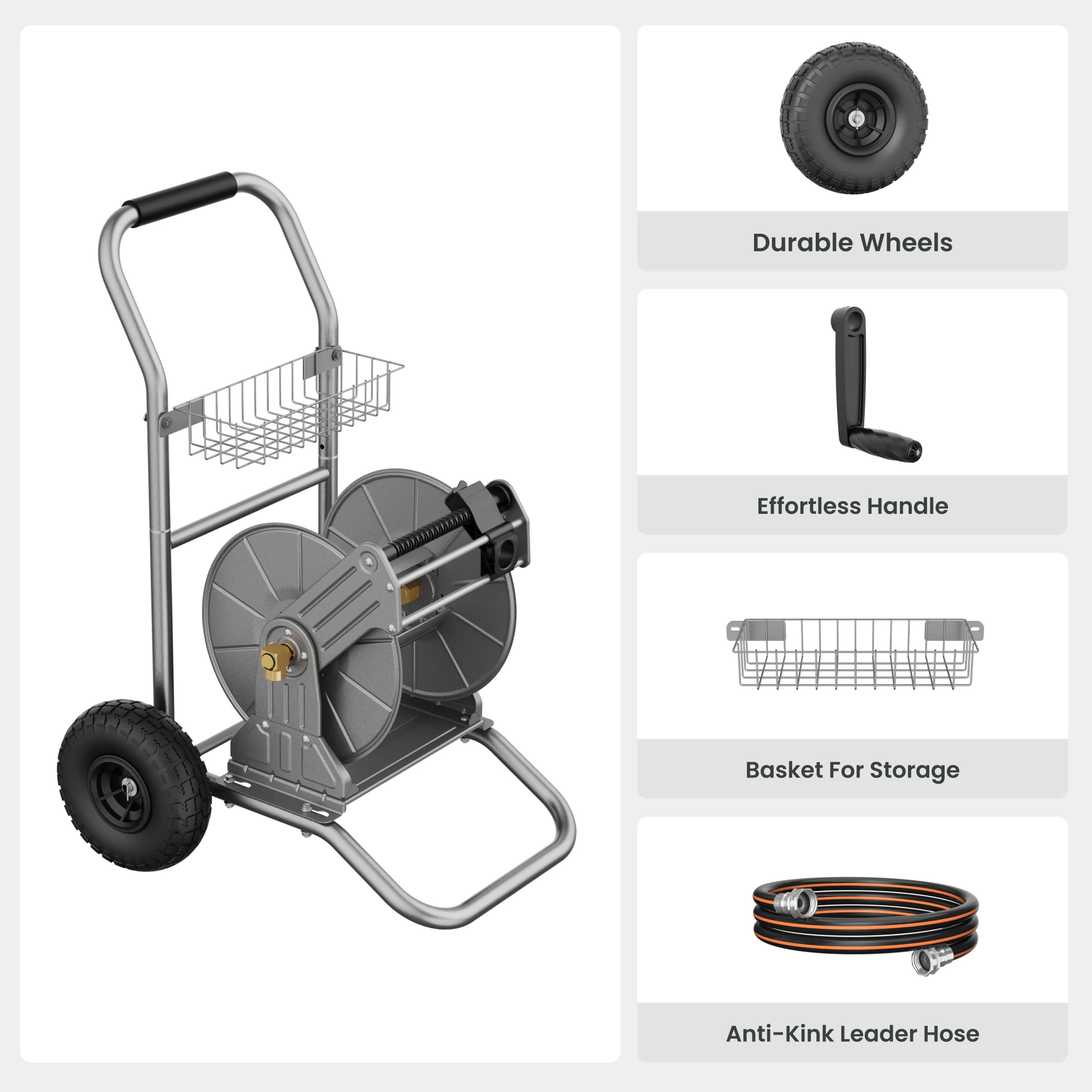 Giraffe Tools Heavy Duty Stainless Steel Garden Hose Reel Cart 2 Wheels (SW-8CUS) - Image 7
