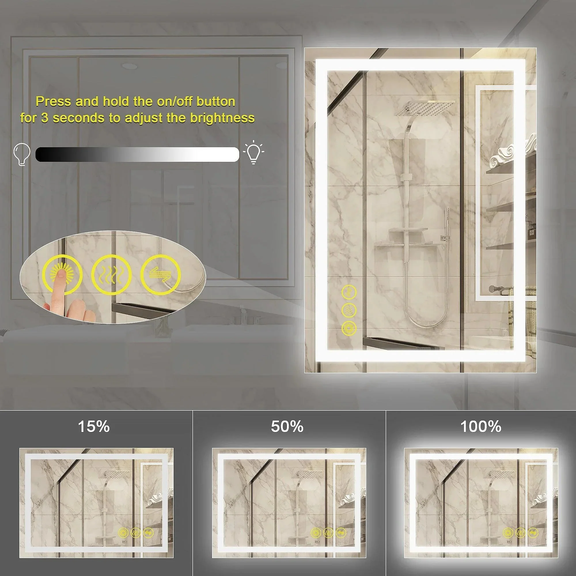 Parrot Uncle GlareGuard Anti-Fog Bathroom Led Mirror Backlit Illuminated Mirror Touch Switch Dimmable - Image 12