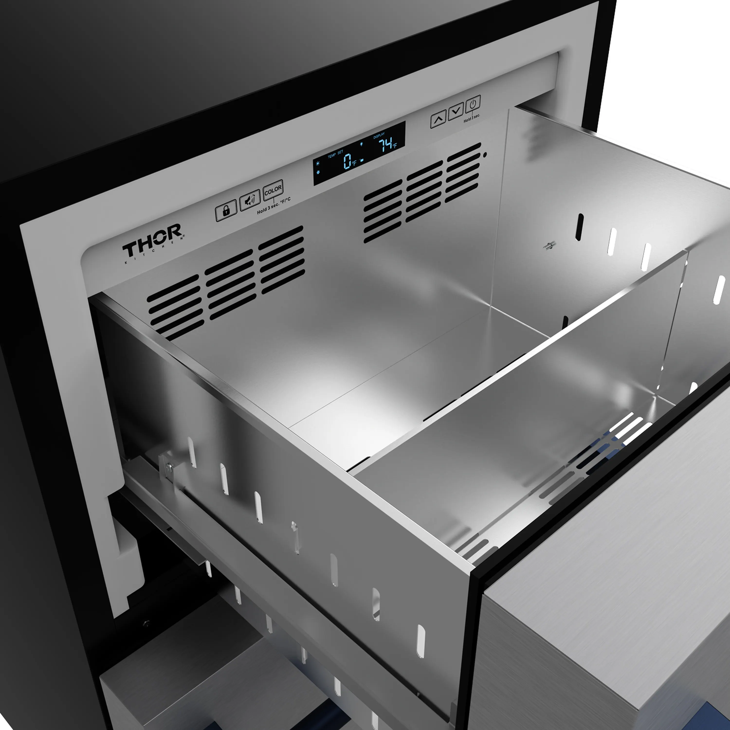 Gordon Ramsay by Thor Kitchen 24-Inch Undercounter Built-In / Freestanding Drawer Freezer in Stainless Steel with Blue Trim (RZ24U-BLU) - Image 8