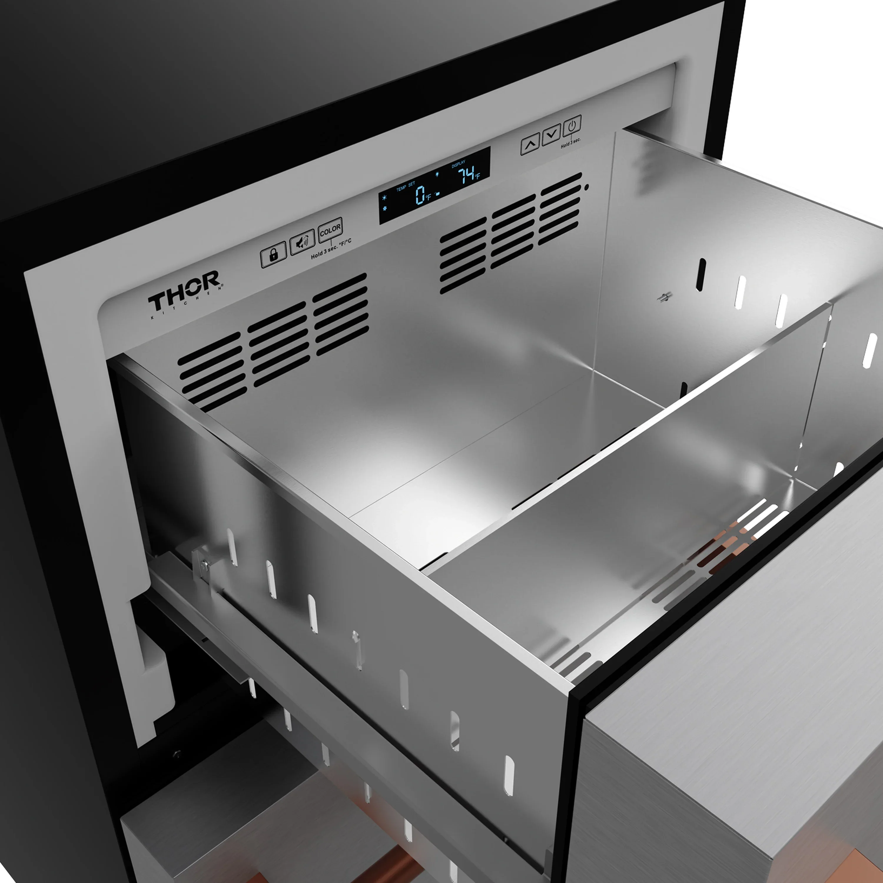 Gordon Ramsay by Thor Kitchen 24-Inch Undercounter Built-In / Freestanding Drawer Freezer in Stainless Steel with Rose Gold Trim (RZ24U-RSG) - Image 9