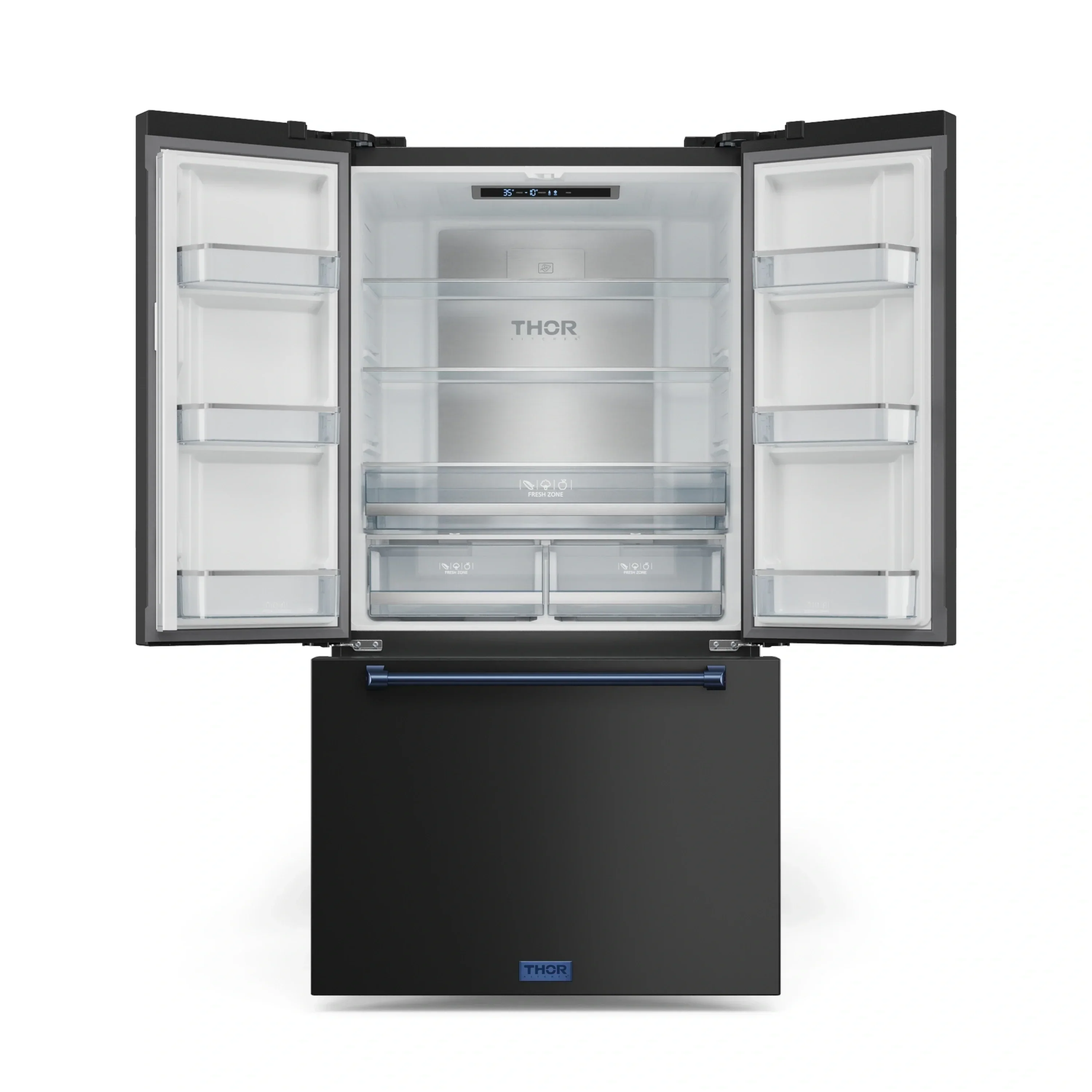 Gordon Ramsay by Thor Kitchen 4-Piece Appliance Package -  30-Inch Electric Range,  Wall Mount Range Hood, 36-Inch French Door Refrigerator, and Dishwasher in Black with Blue Trim - Image 16