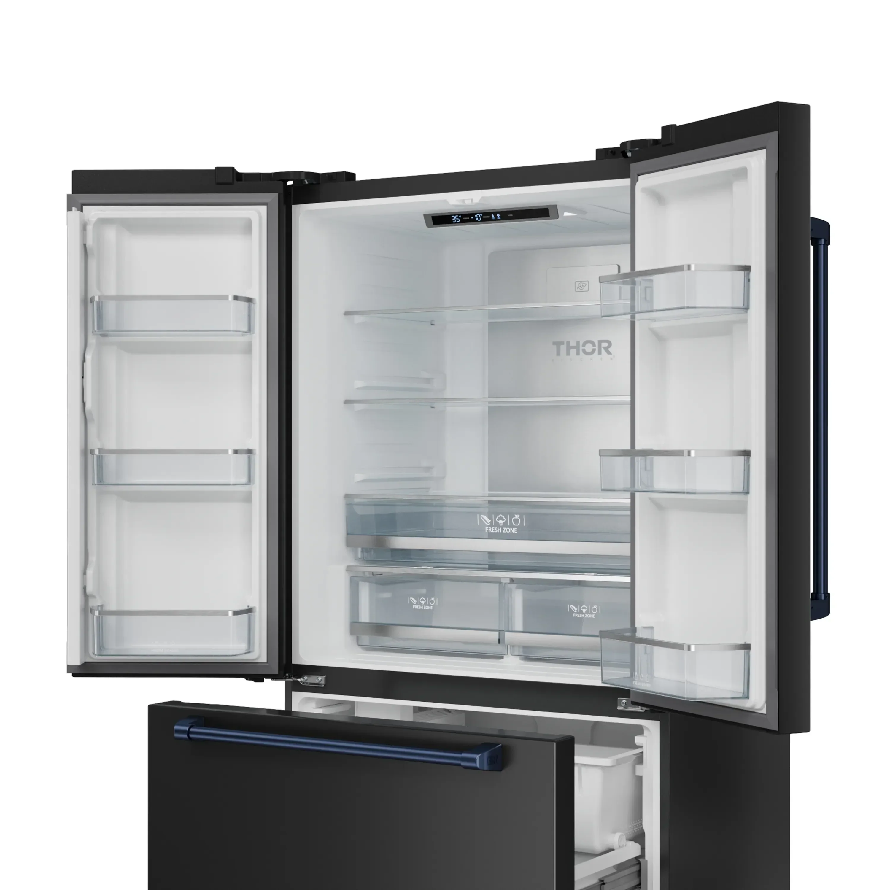 Gordon Ramsay by Thor Kitchen 4-Piece Appliance Package -  30-Inch Electric Range,  Wall Mount Range Hood, 36-Inch French Door Refrigerator, and Dishwasher in Black with Blue Trim - Image 18