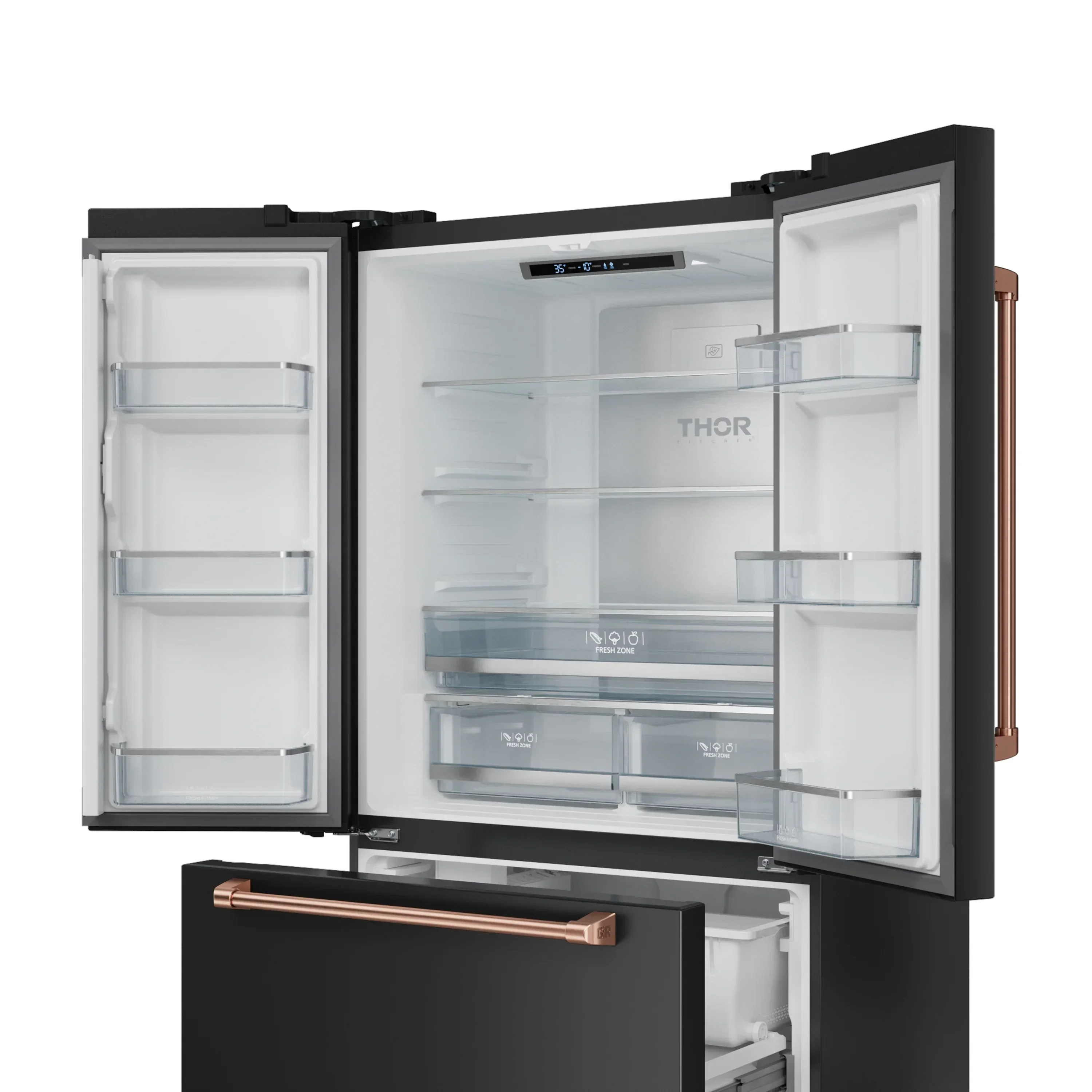 Gordon Ramsay by Thor Kitchen 4-Piece Appliance Package -  30-Inch Electric Range,  Wall Mount Range Hood, 36-Inch French Door Refrigerator, and Dishwasher in Black with Rose Gold Trim - Image 19