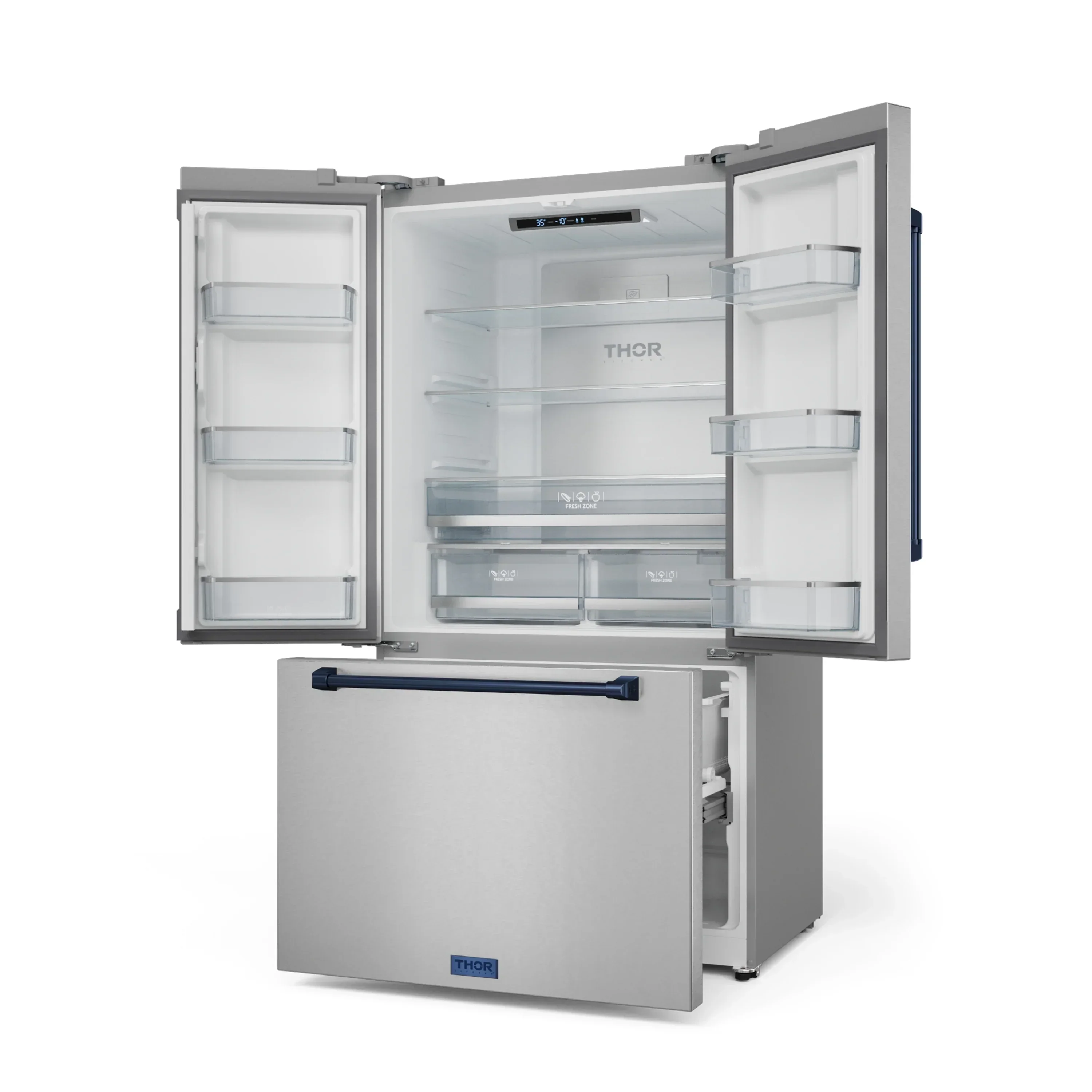 Gordon Ramsay by Thor Kitchen 4-Piece Appliance Package -  36-Inch Electric Range, Wall Mount Range Hood, 36-Inch French Door Refrigerator, and Dishwasher in Stainless Steel with Blue Trim - Image 18