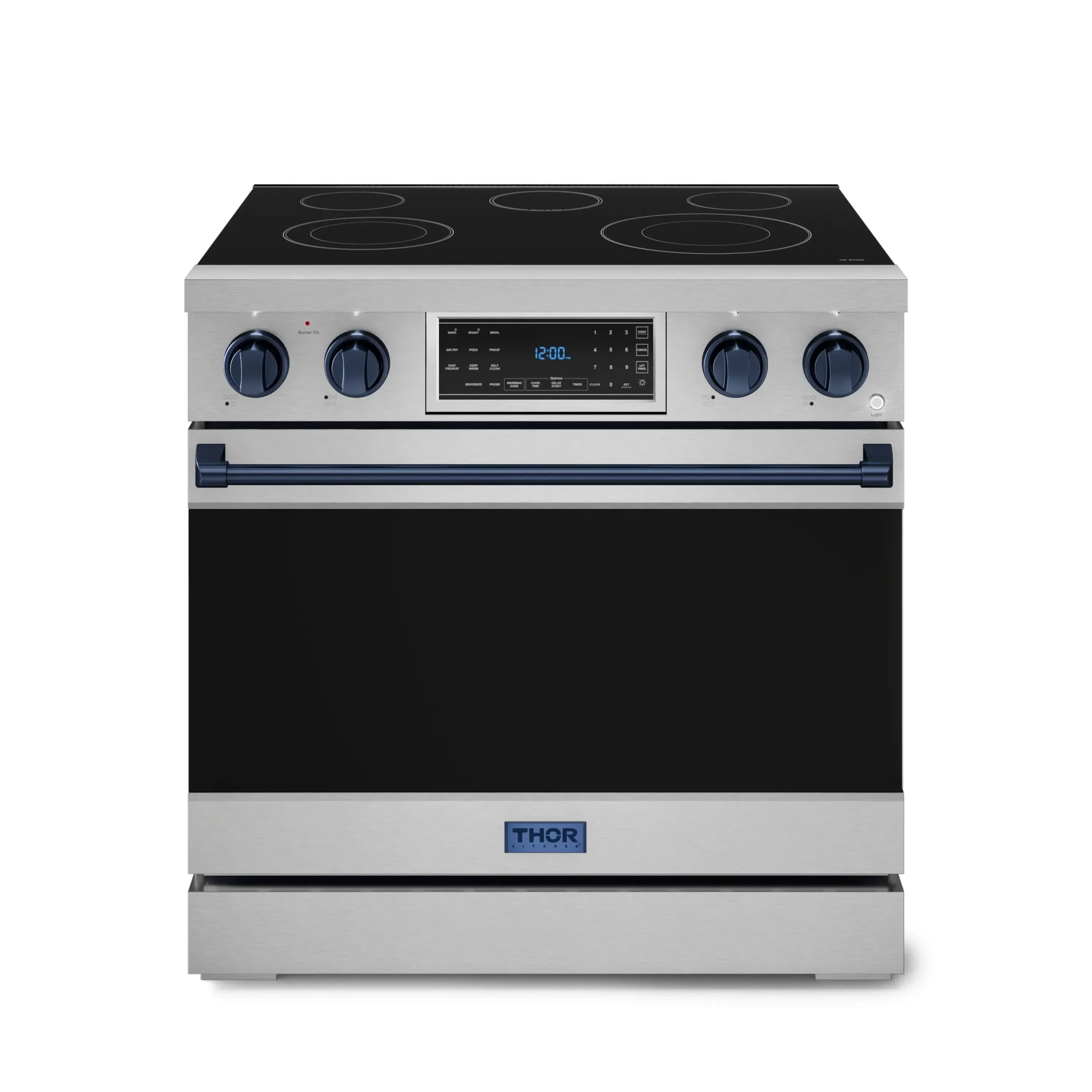Gordon Ramsay by Thor Kitchen 4-Piece Appliance Package -  36-Inch Electric Range, Wall Mount Range Hood, 36-Inch French Door Refrigerator, and Dishwasher in Stainless Steel with Blue Trim - Image 5