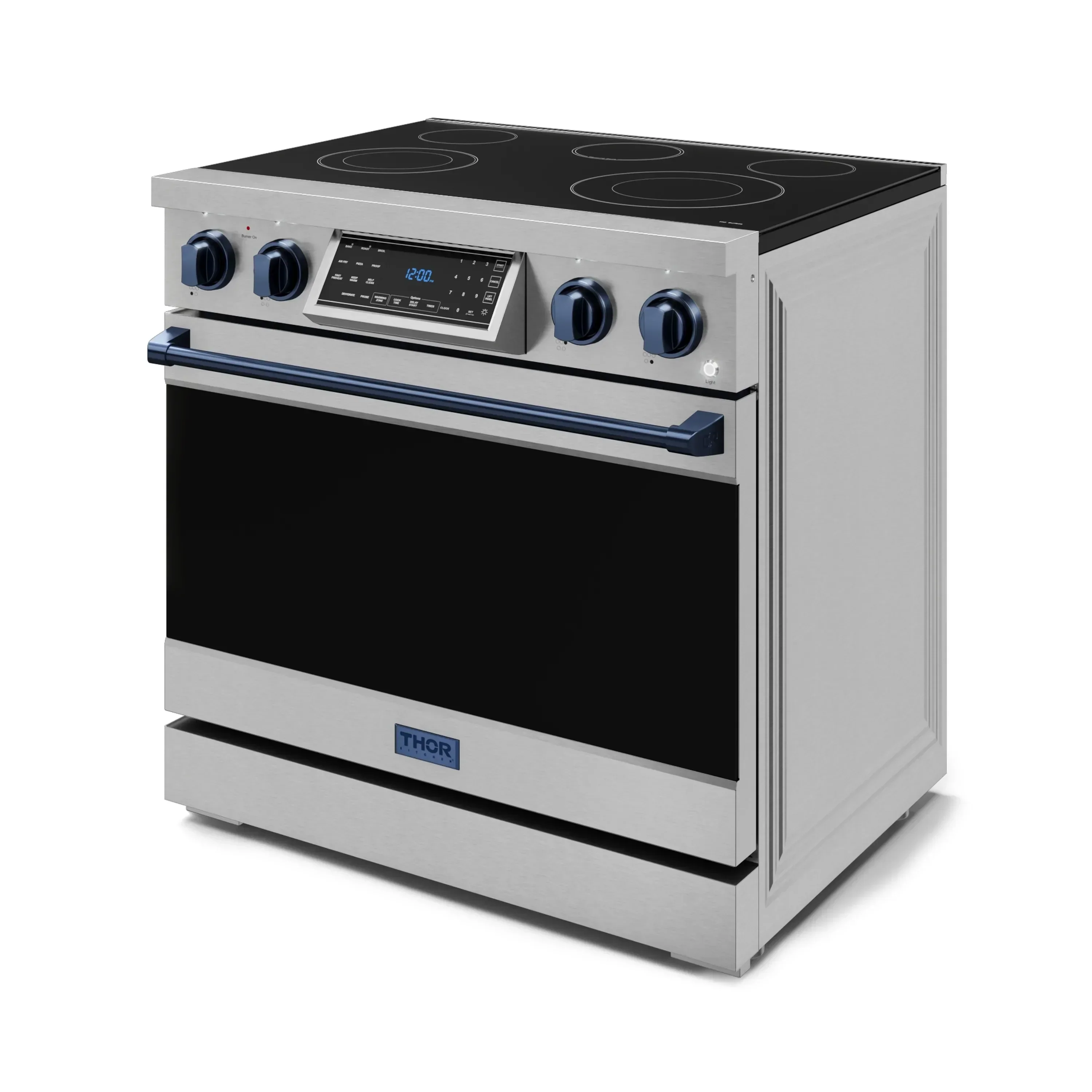 Gordon Ramsay by Thor Kitchen 4-Piece Appliance Package -  36-Inch Electric Range, Wall Mount Range Hood, 36-Inch French Door Refrigerator, and Dishwasher in Stainless Steel with Blue Trim - Image 8
