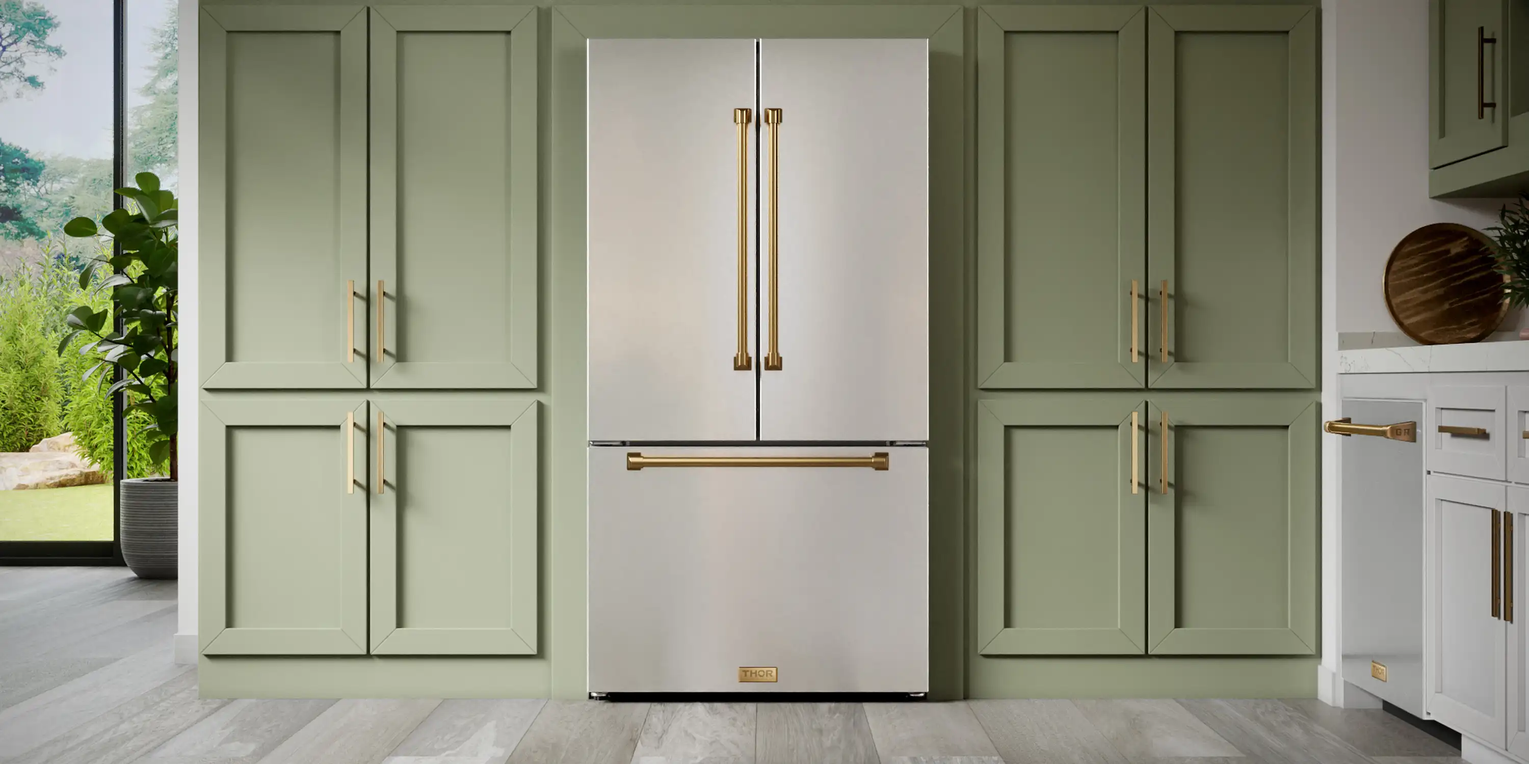 Gordon Ramsay by Thor Kitchen 4-Piece Appliance Package -  36-Inch Electric Range, Wall Mount Range Hood, 36-Inch French Door Refrigerator, and Dishwasher in Stainless Steel with Bronze Trim - Image 4
