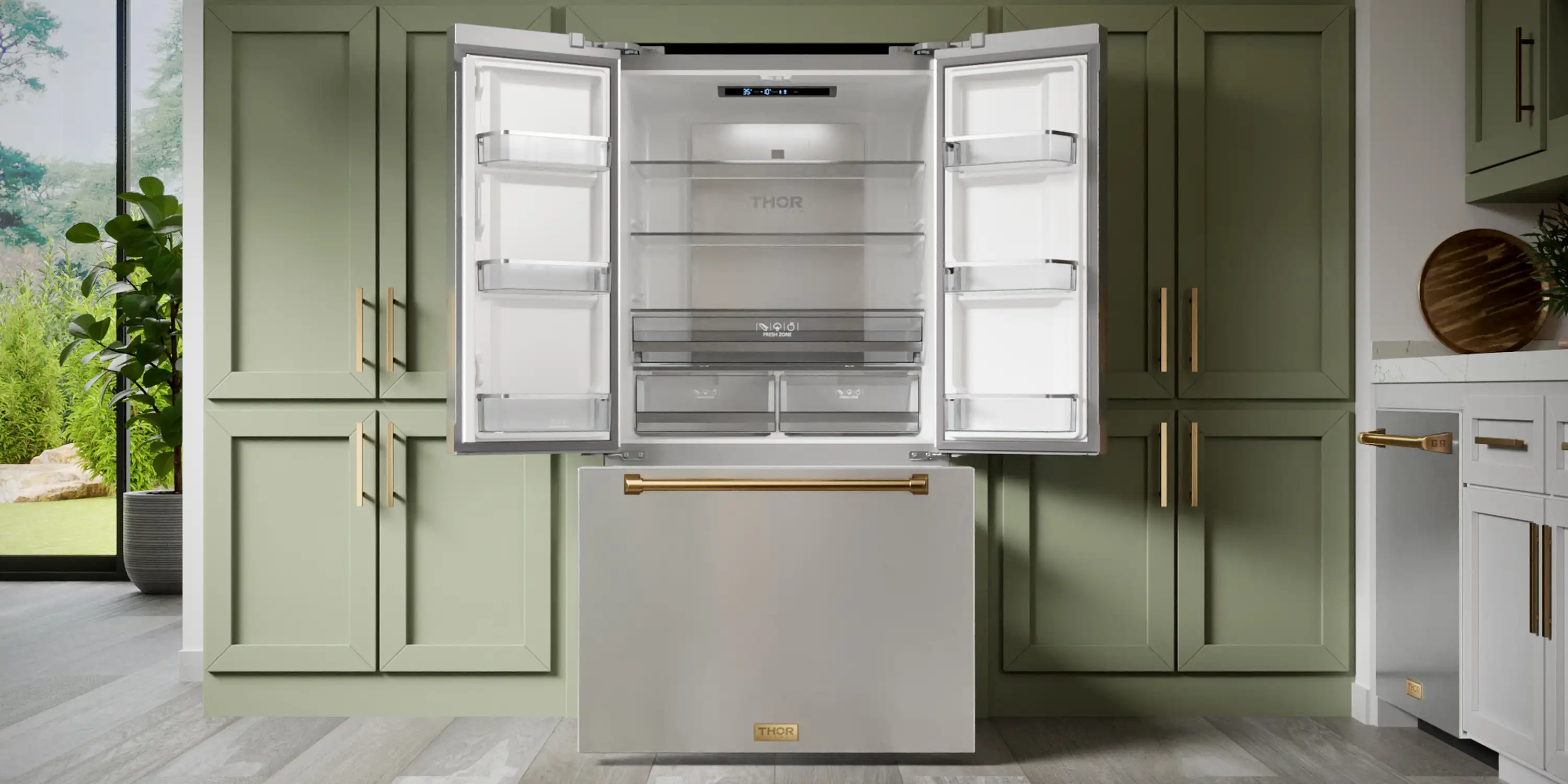 Gordon Ramsay by Thor Kitchen 4-Piece Appliance Package -  36-Inch Electric Range, Wall Mount Range Hood, 36-Inch French Door Refrigerator, and Dishwasher in Stainless Steel with Bronze Trim - Image 5