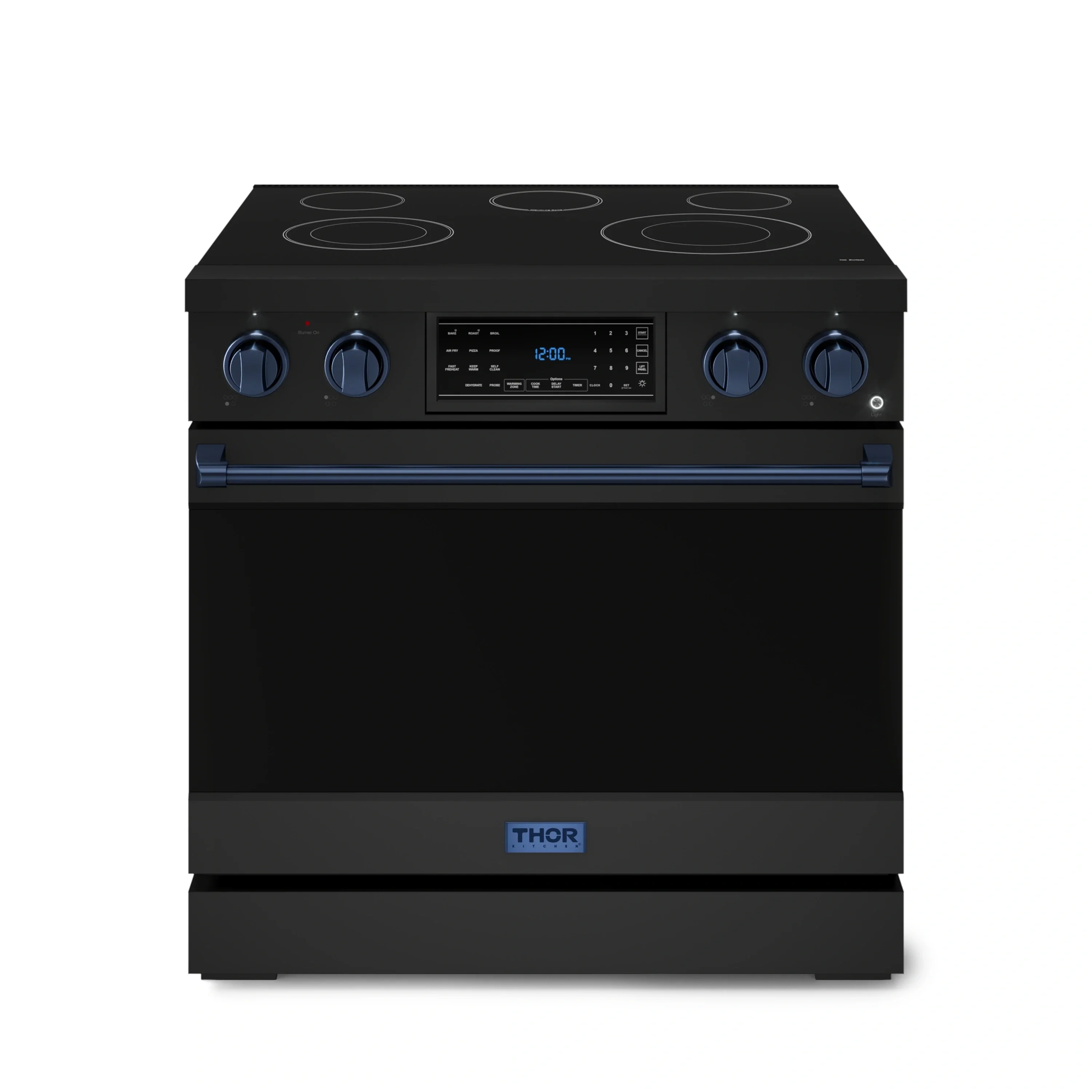Gordon Ramsay by Thor Kitchen 4-Piece Appliance Package -  36-Inch Electric Range, Wall Mount Range Hood, 36-Inch French Door Refrigerator, and Dishwasher in Black with Blue Trim - Image 5