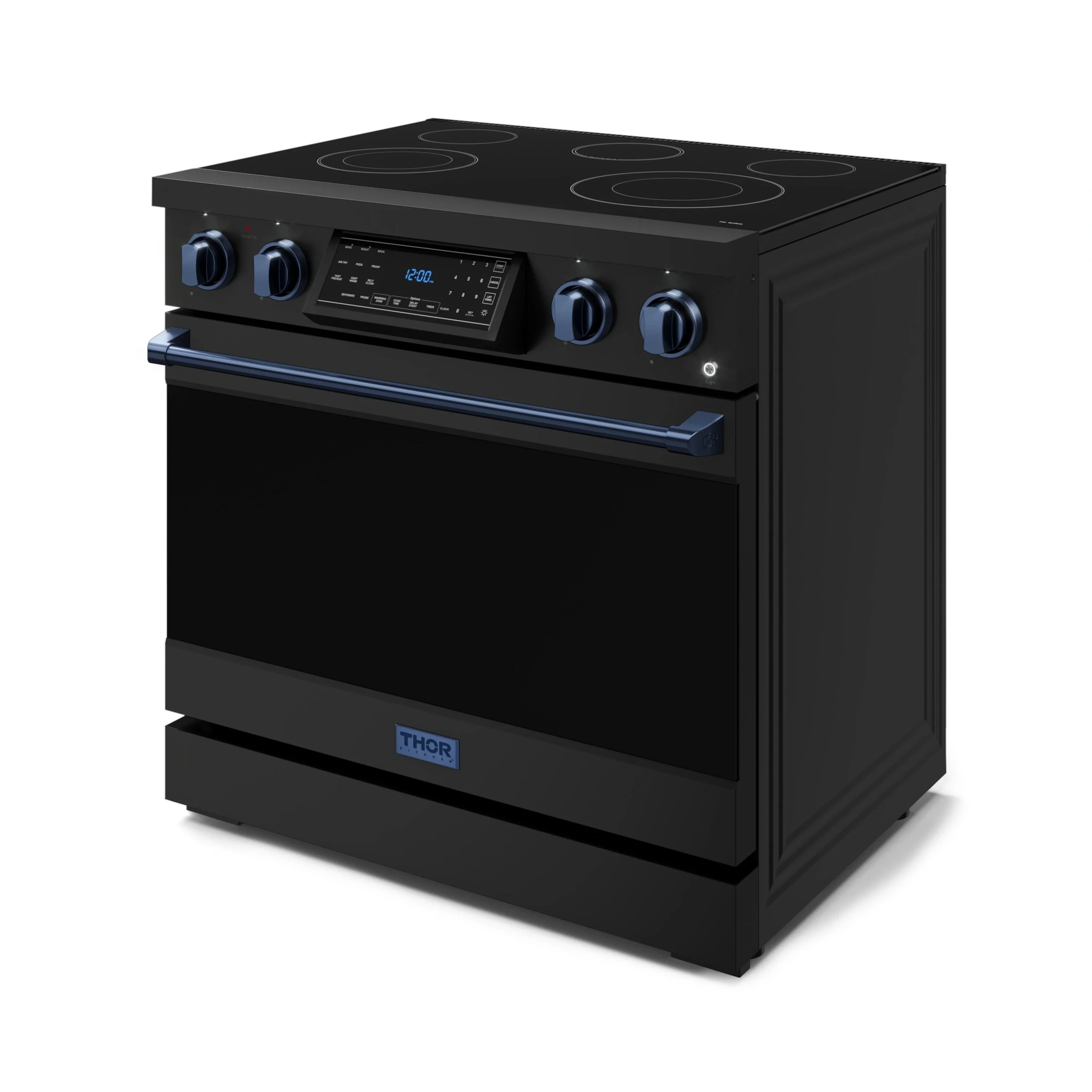 Gordon Ramsay by Thor Kitchen 4-Piece Appliance Package -  36-Inch Electric Range, Wall Mount Range Hood, 36-Inch French Door Refrigerator, and Dishwasher in Black with Blue Trim - Image 8
