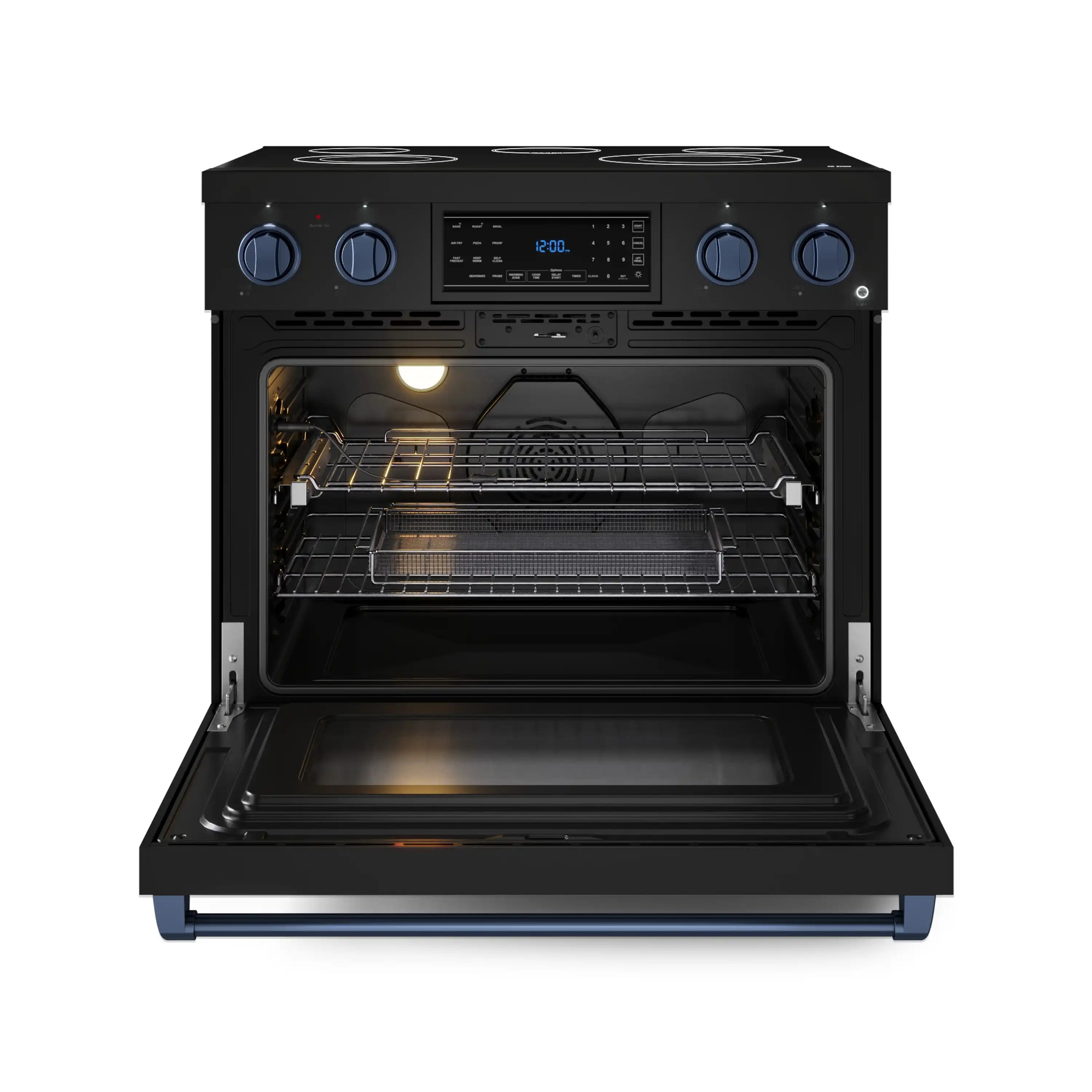 Gordon Ramsay by Thor Kitchen 4-Piece Appliance Package -  36-Inch Electric Range, Wall Mount Range Hood, 36-Inch French Door Refrigerator, and Dishwasher in Black with Blue Trim - Image 9