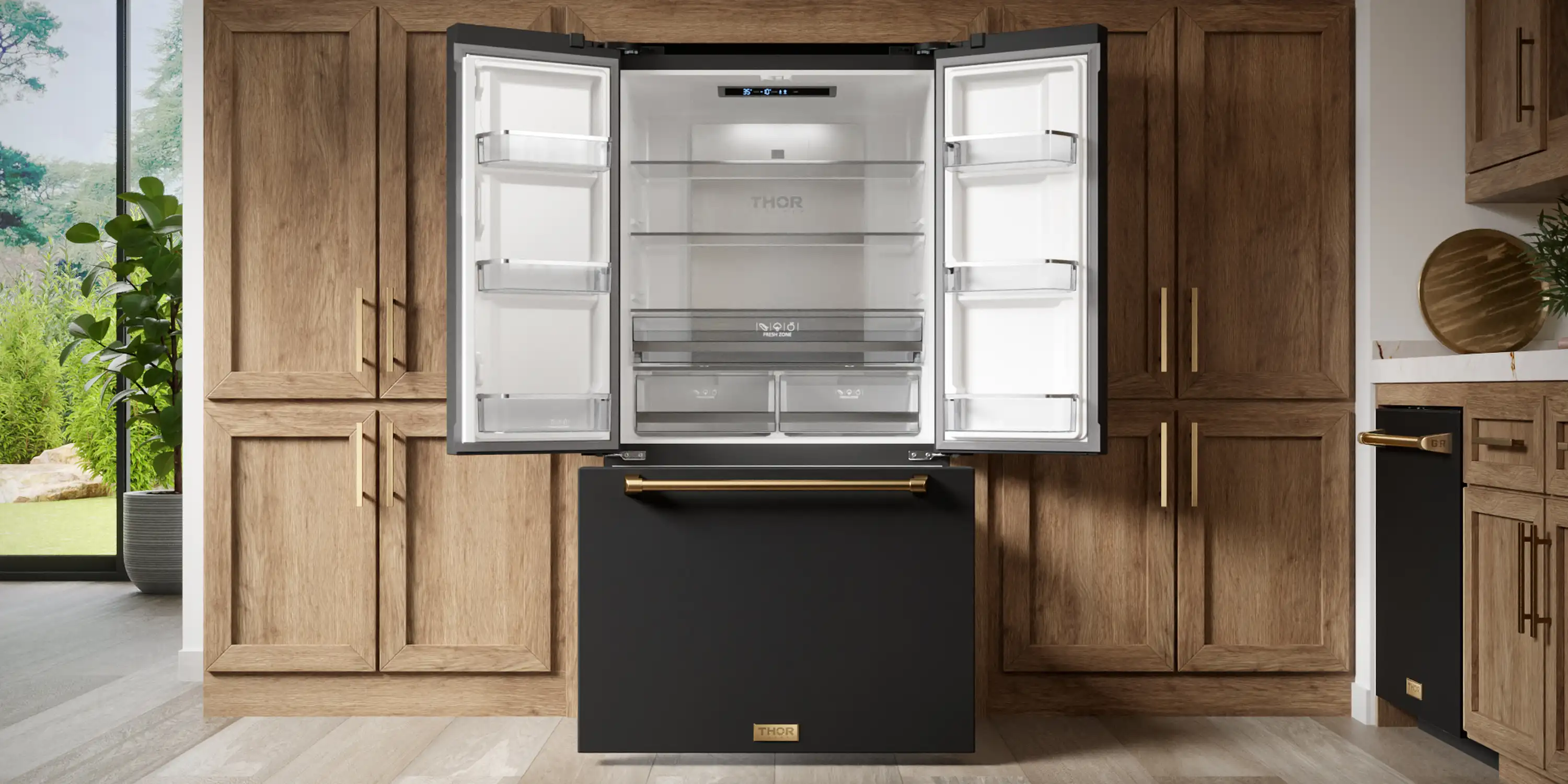 Gordon Ramsay by Thor Kitchen 4-Piece Appliance Package -  36-Inch Electric Range, Wall Mount Range Hood, 36-Inch French Door Refrigerator, and Dishwasher in Black with Bronze Trim - Image 5