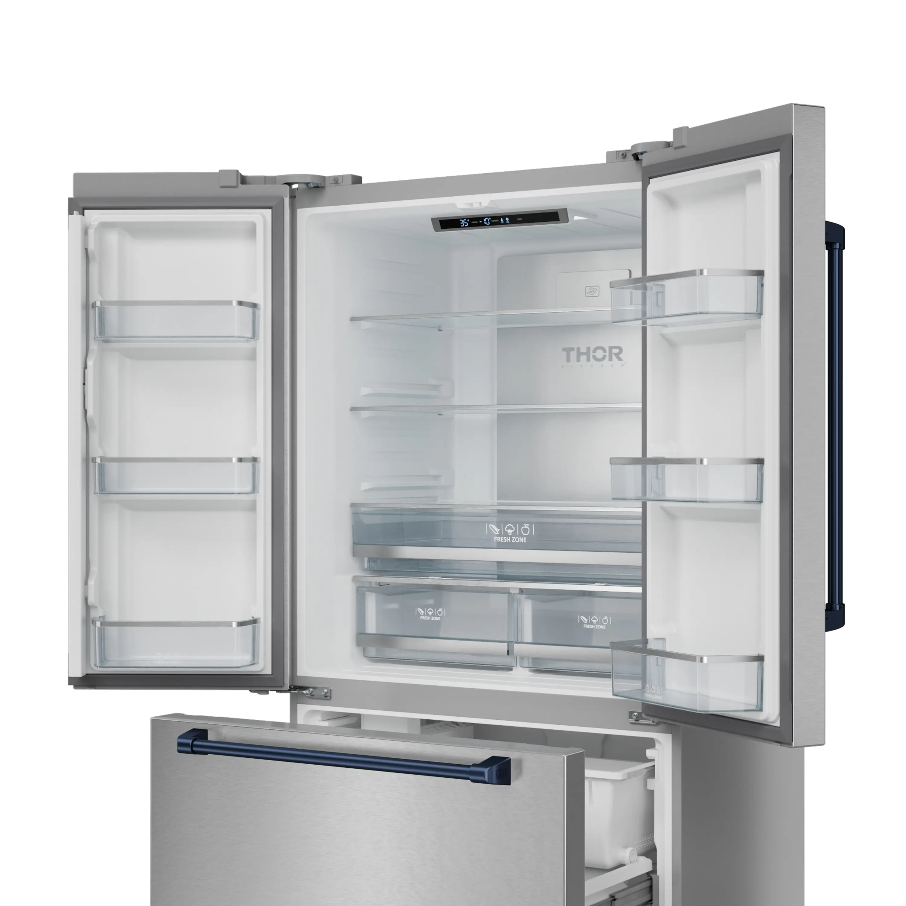 Gordon Ramsay by Thor Kitchen 4-Piece Appliance Package -  48-Inch Natural Gas Range, Wall Mount Range Hood, 36-Inch French Door Refrigerator, and Dishwasher in Stainless Steel with Blue Trim - Image 18