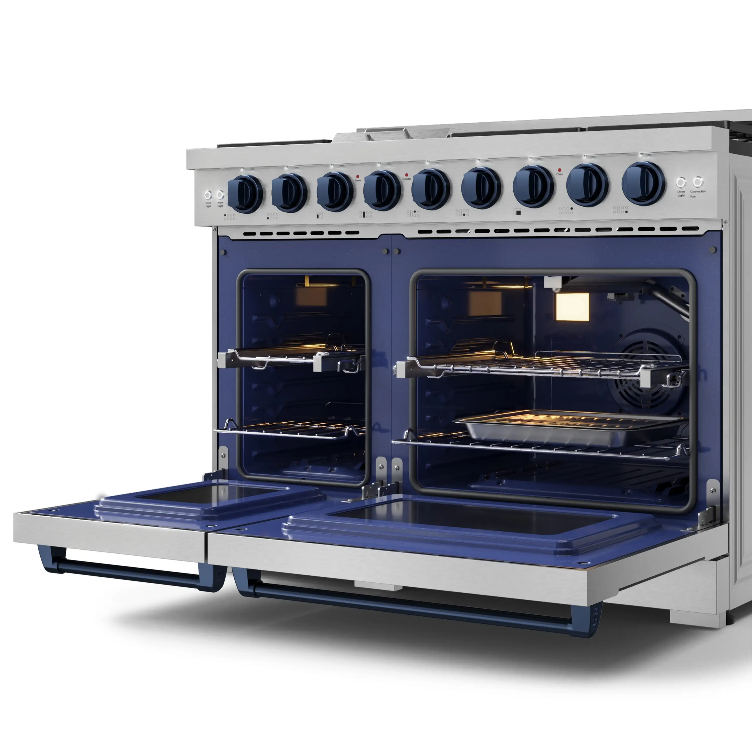 Gordon Ramsay by Thor Kitchen 4-Piece Appliance Package -  48-Inch Natural Gas Range, Wall Mount Range Hood, 36-Inch French Door Refrigerator, and Dishwasher in Stainless Steel with Blue Trim - Image 9