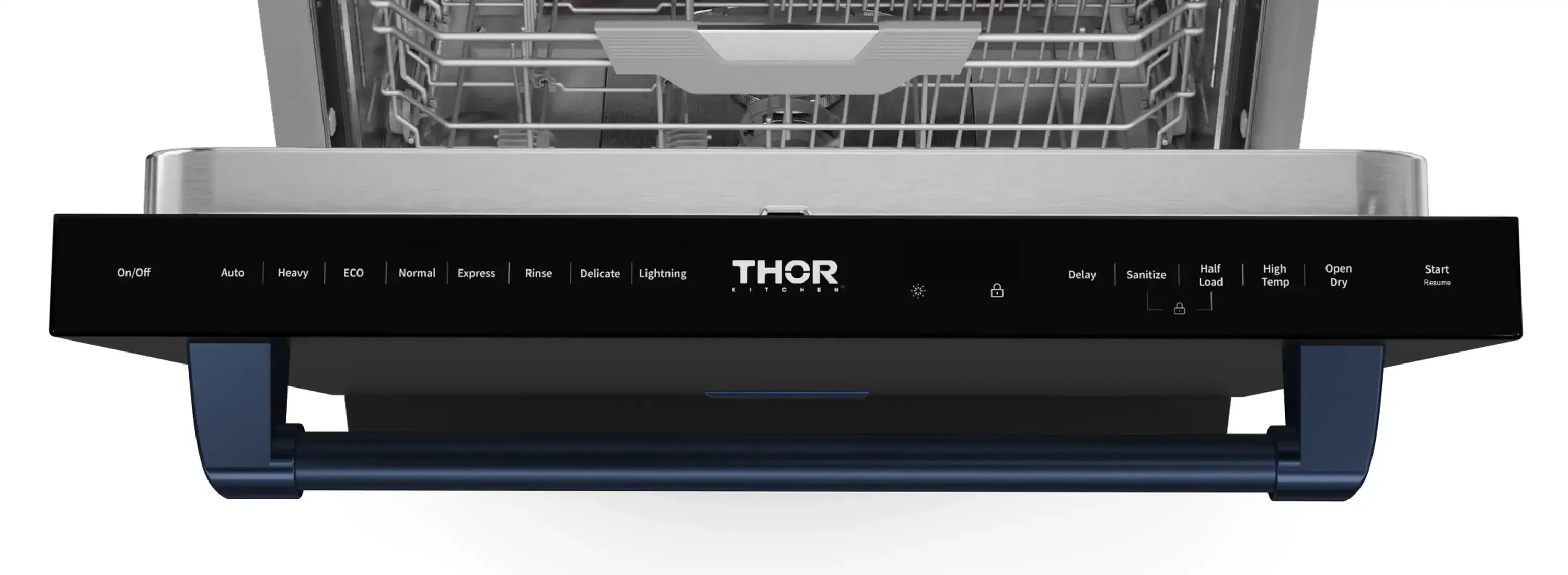 Gordon Ramsay by Thor Kitchen 4-Piece Appliance Package -  48-Inch Natural Gas Range, Wall Mount Range Hood, 36-Inch French Door Refrigerator, and Dishwasher in Black with Blue Trim - Image 27