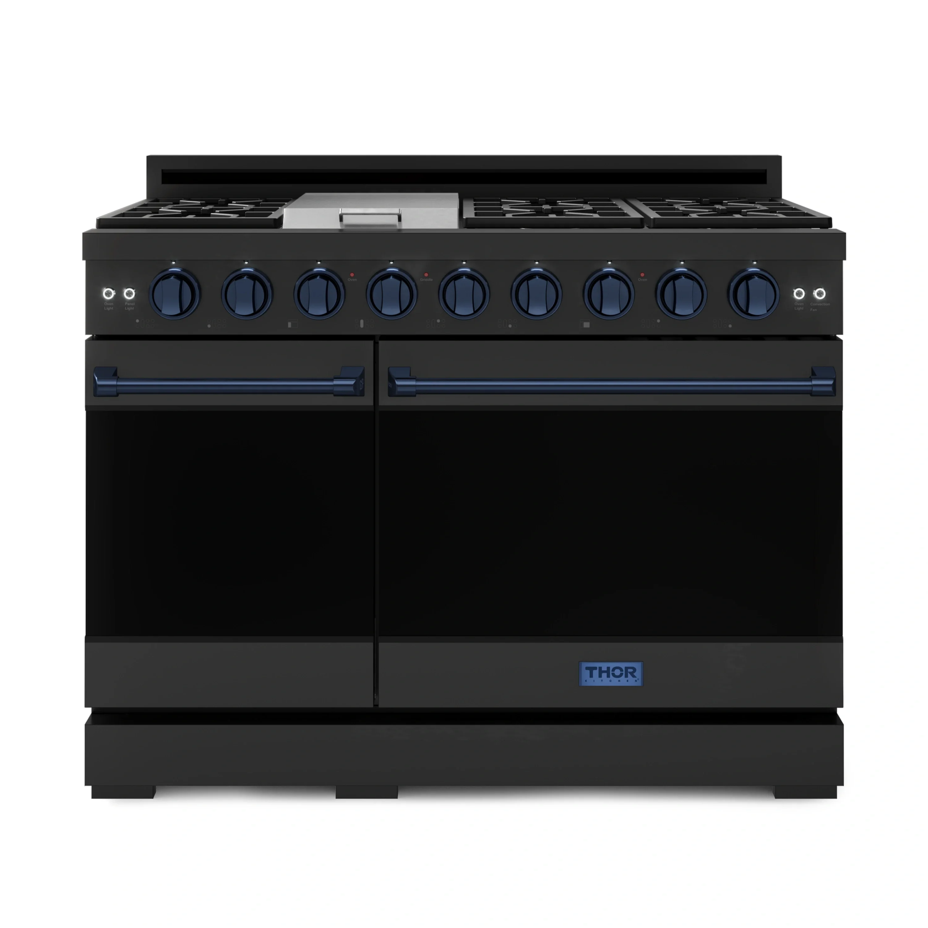 Gordon Ramsay by Thor Kitchen 4-Piece Appliance Package -  48-Inch Natural Gas Range, Wall Mount Range Hood, 36-Inch French Door Refrigerator, and Dishwasher in Black with Blue Trim - Image 4