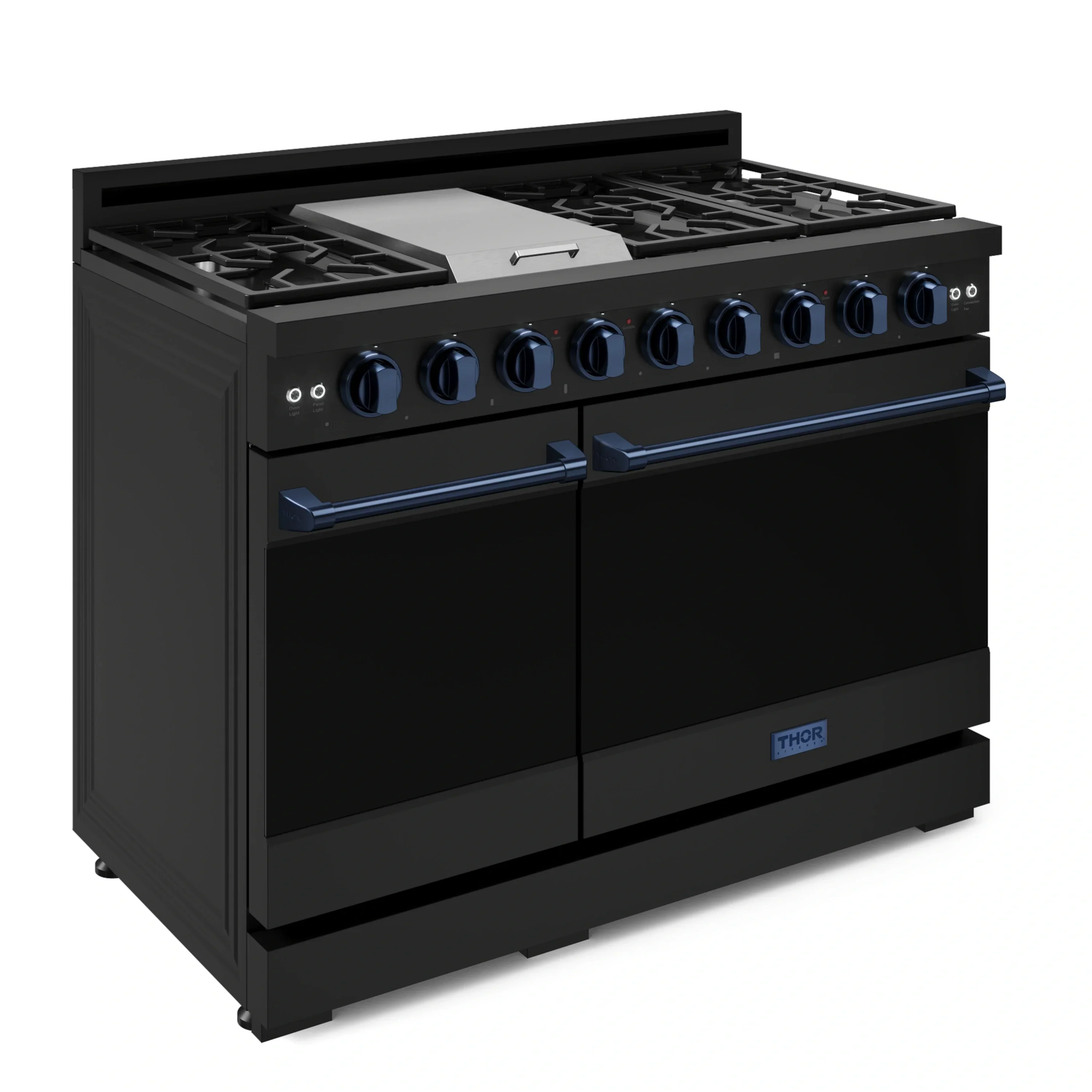 Gordon Ramsay by Thor Kitchen 4-Piece Appliance Package -  48-Inch Natural Gas Range, Wall Mount Range Hood, 36-Inch French Door Refrigerator, and Dishwasher in Black with Blue Trim - Image 6