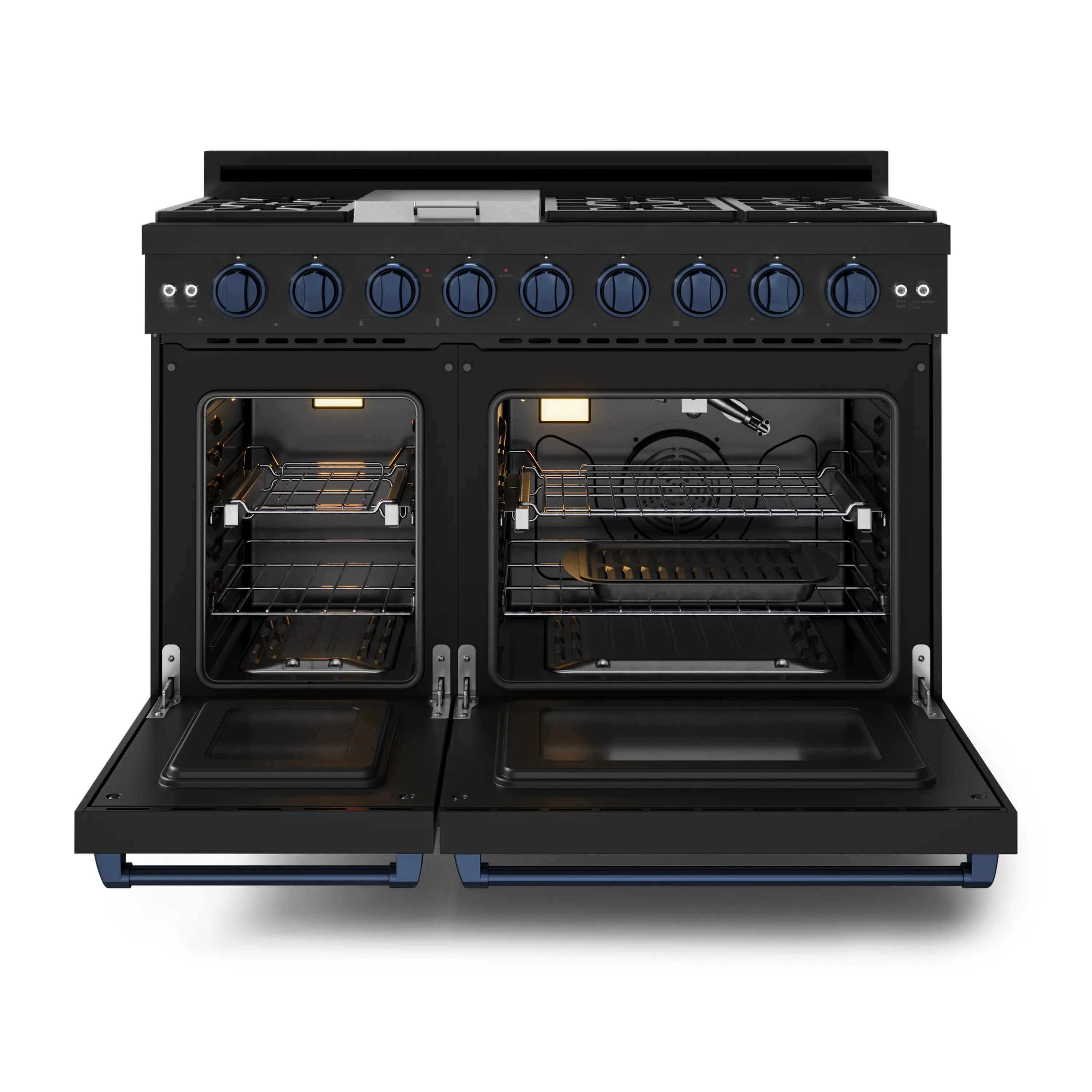 Gordon Ramsay by Thor Kitchen 4-Piece Appliance Package -  48-Inch Natural Gas Range, Wall Mount Range Hood, 36-Inch French Door Refrigerator, and Dishwasher in Black with Blue Trim - Image 8