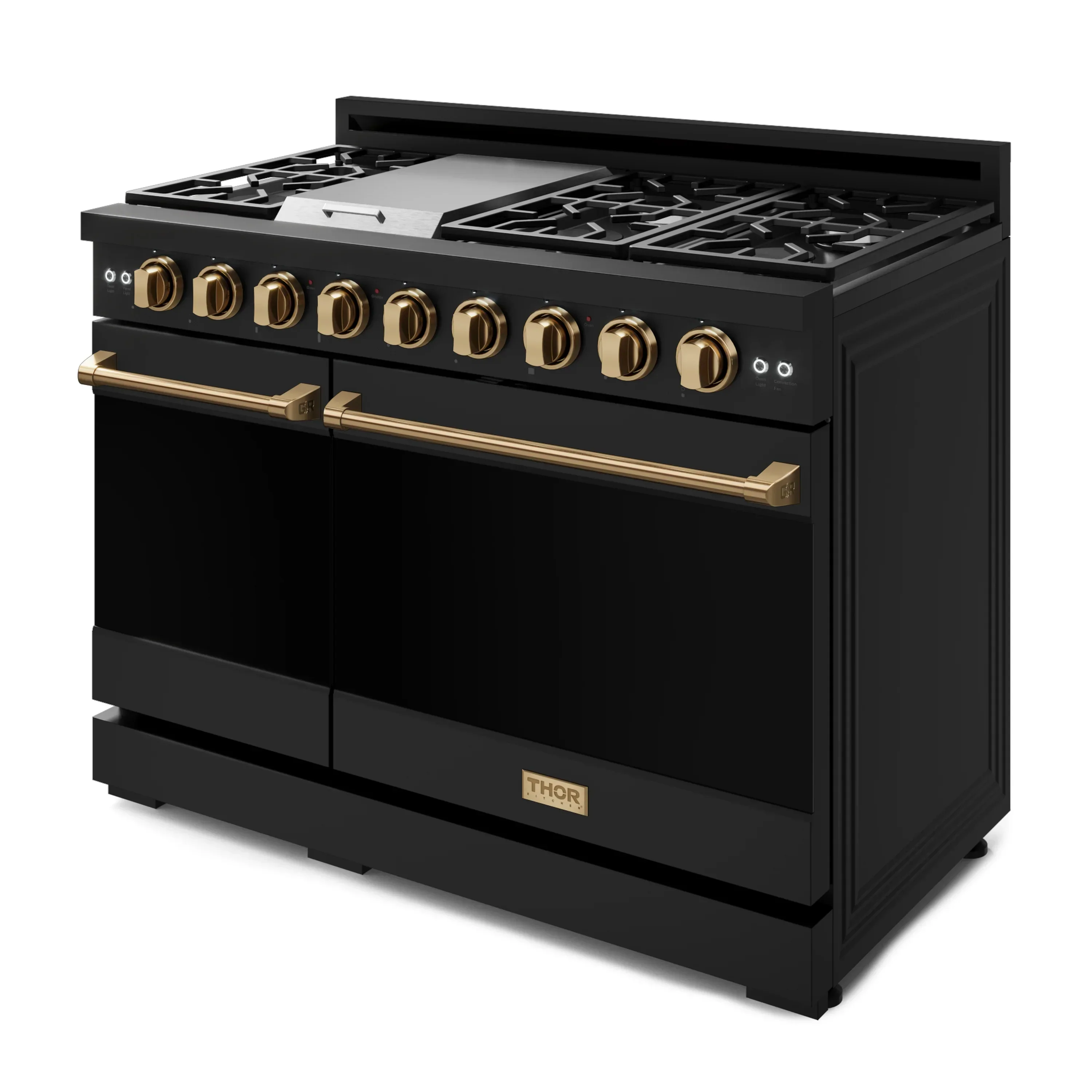 Gordon Ramsay by Thor Kitchen 4-Piece Appliance Package -  48-Inch Natural Gas Range, Wall Mount Range Hood, 36-Inch French Door Refrigerator, and Dishwasher in Black with Bronze Trim - Image 12