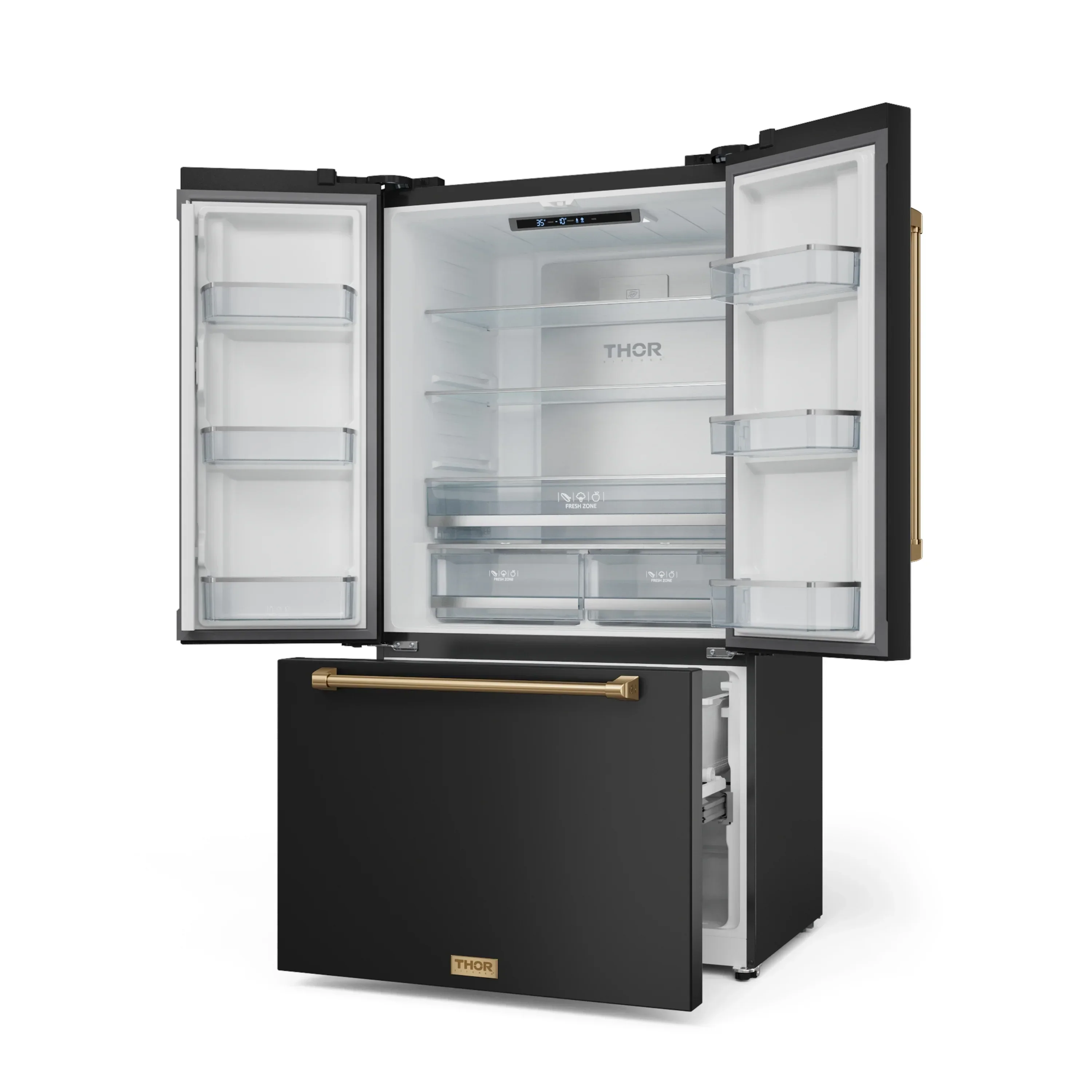 Gordon Ramsay by Thor Kitchen 4-Piece Appliance Package -  48-Inch Natural Gas Range, Wall Mount Range Hood, 36-Inch French Door Refrigerator, and Dishwasher in Black with Bronze Trim - Image 22