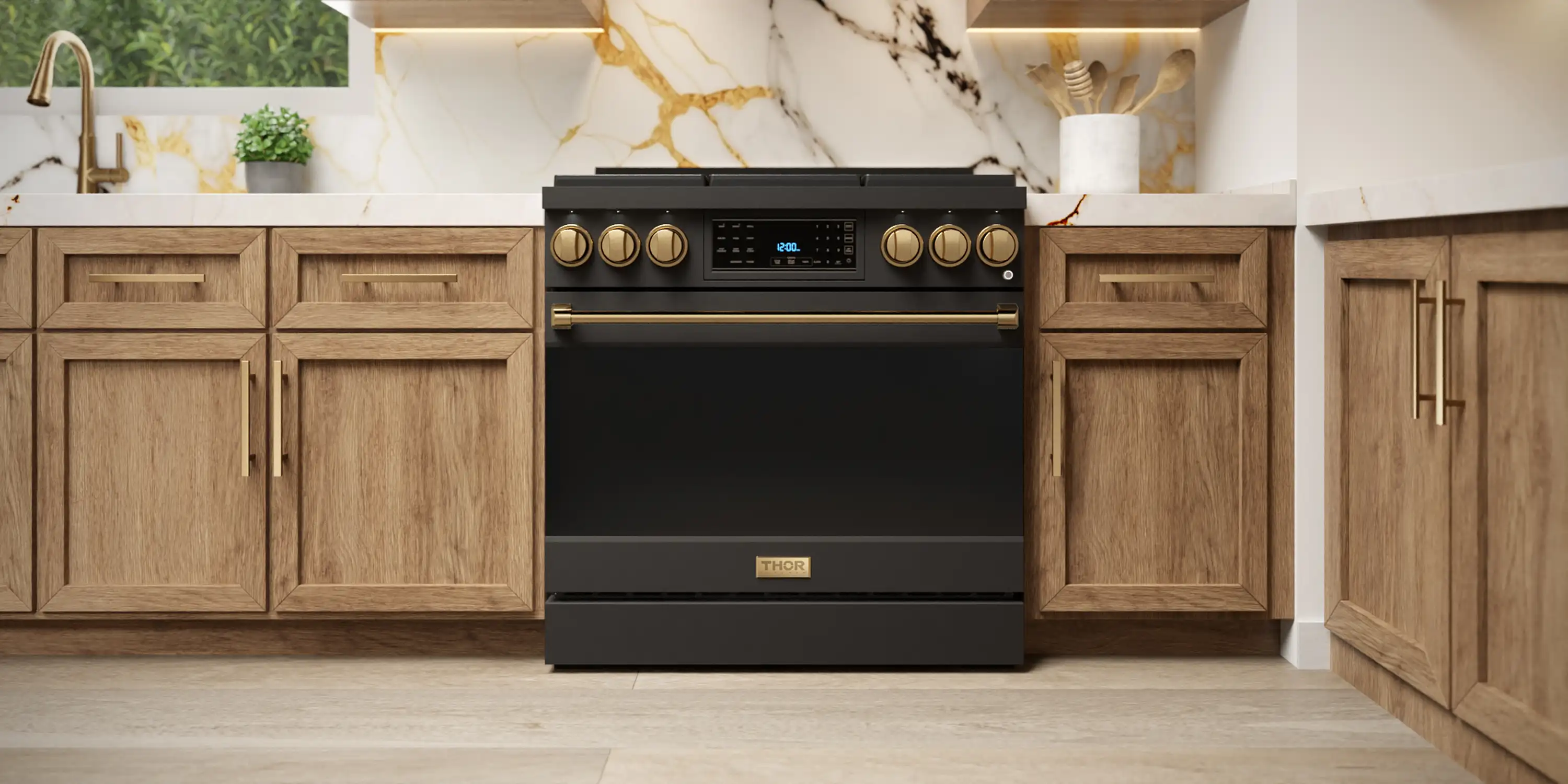 Gordon Ramsay by Thor Kitchen 4-Piece Appliance Package -  48-Inch Natural Gas Range, Wall Mount Range Hood, 36-Inch French Door Refrigerator, and Dishwasher in Black with Bronze Trim - Image 7