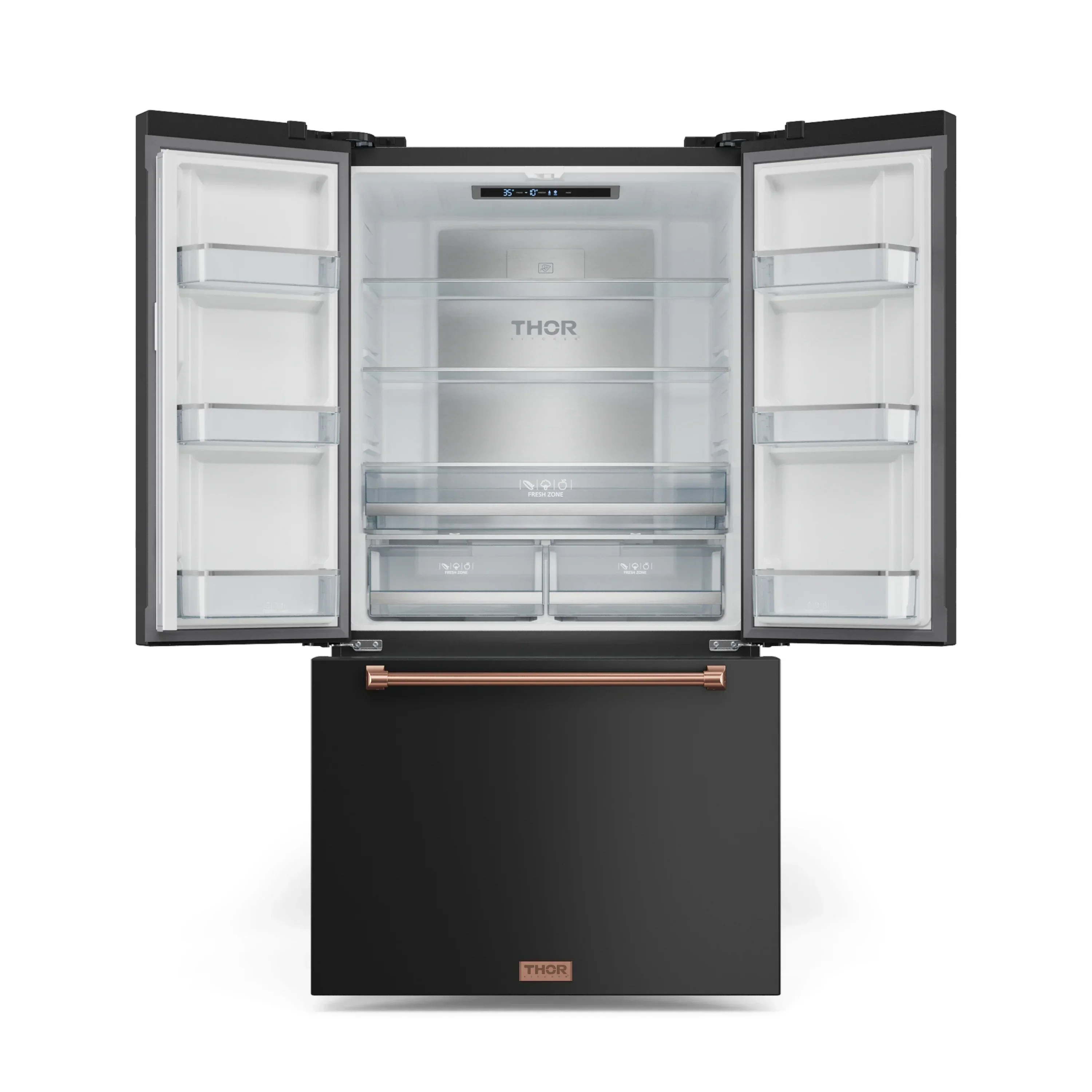 Gordon Ramsay by Thor Kitchen 4-Piece Appliance Package -  48-Inch Natural Gas Range, Wall Mount Range Hood, 36-Inch French Door Refrigerator, and Dishwasher in Black with Rose Gold Trim - Image 16