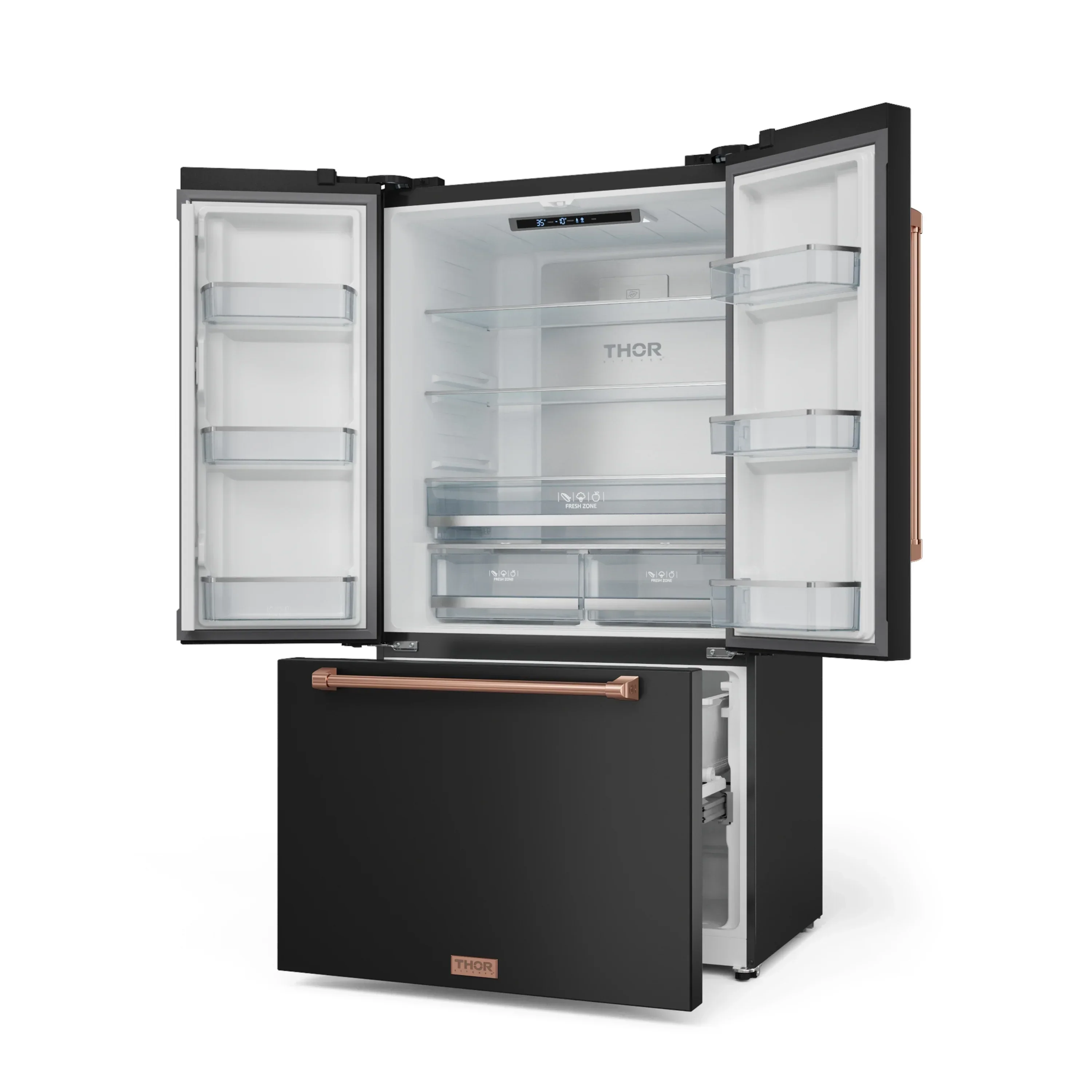 Gordon Ramsay by Thor Kitchen 4-Piece Appliance Package -  48-Inch Natural Gas Range, Wall Mount Range Hood, 36-Inch French Door Refrigerator, and Dishwasher in Black with Rose Gold Trim - Image 17