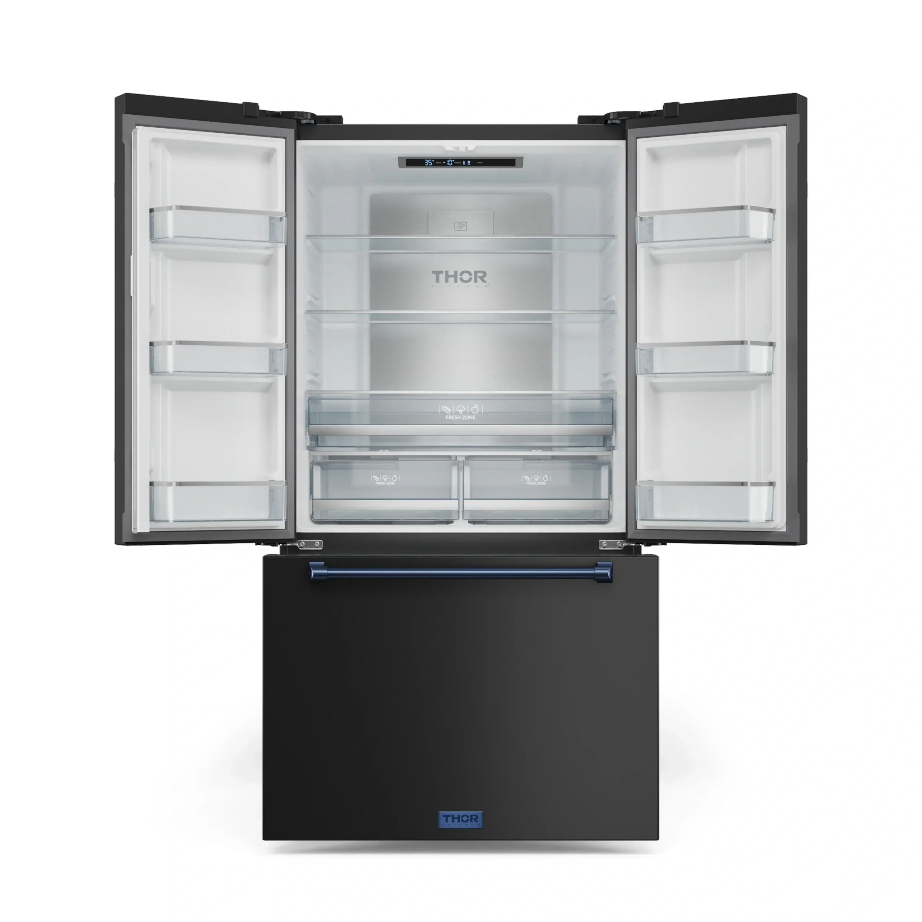 Gordon Ramsay by Thor Kitchen 4-Piece Appliance Package -  48-Inch Propane Gas Range, Wall Mount Range Hood, 36-Inch French Door Refrigerator, and Dishwasher in Black with Blue Trim - Image 16