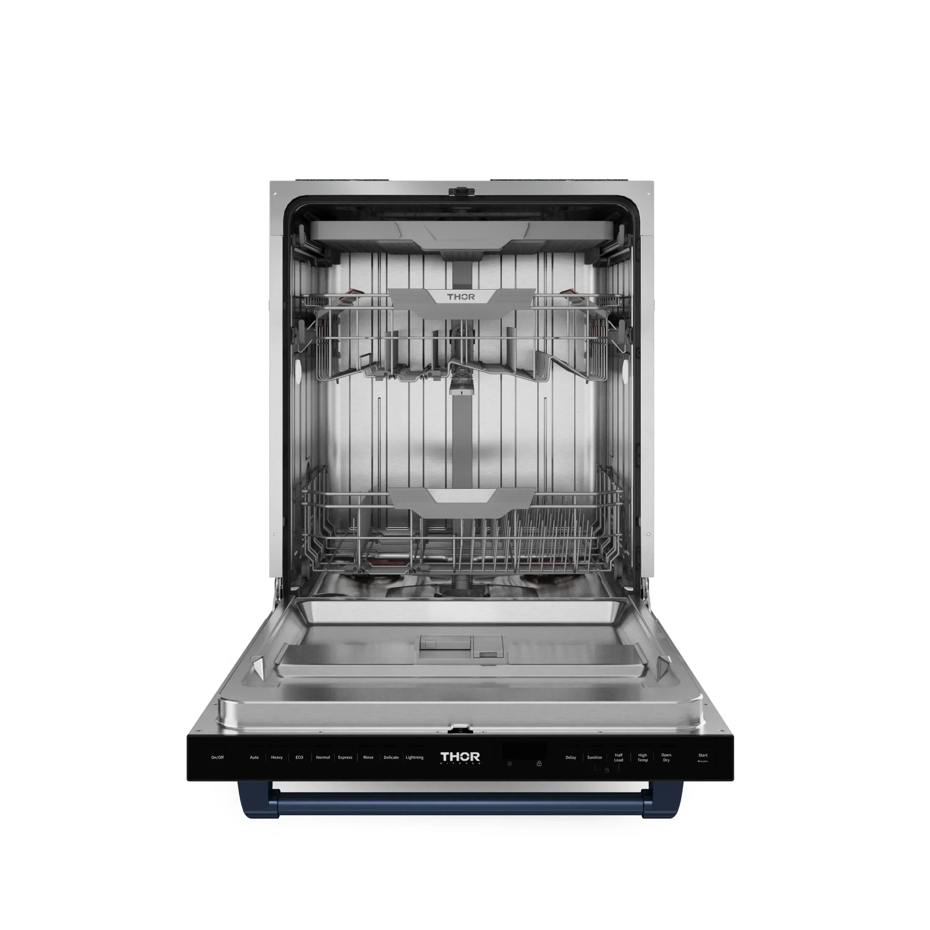 Gordon Ramsay by Thor Kitchen 4-Piece Appliance Package -  48-Inch Propane Gas Range, Wall Mount Range Hood, 36-Inch French Door Refrigerator, and Dishwasher in Black with Blue Trim - Image 25